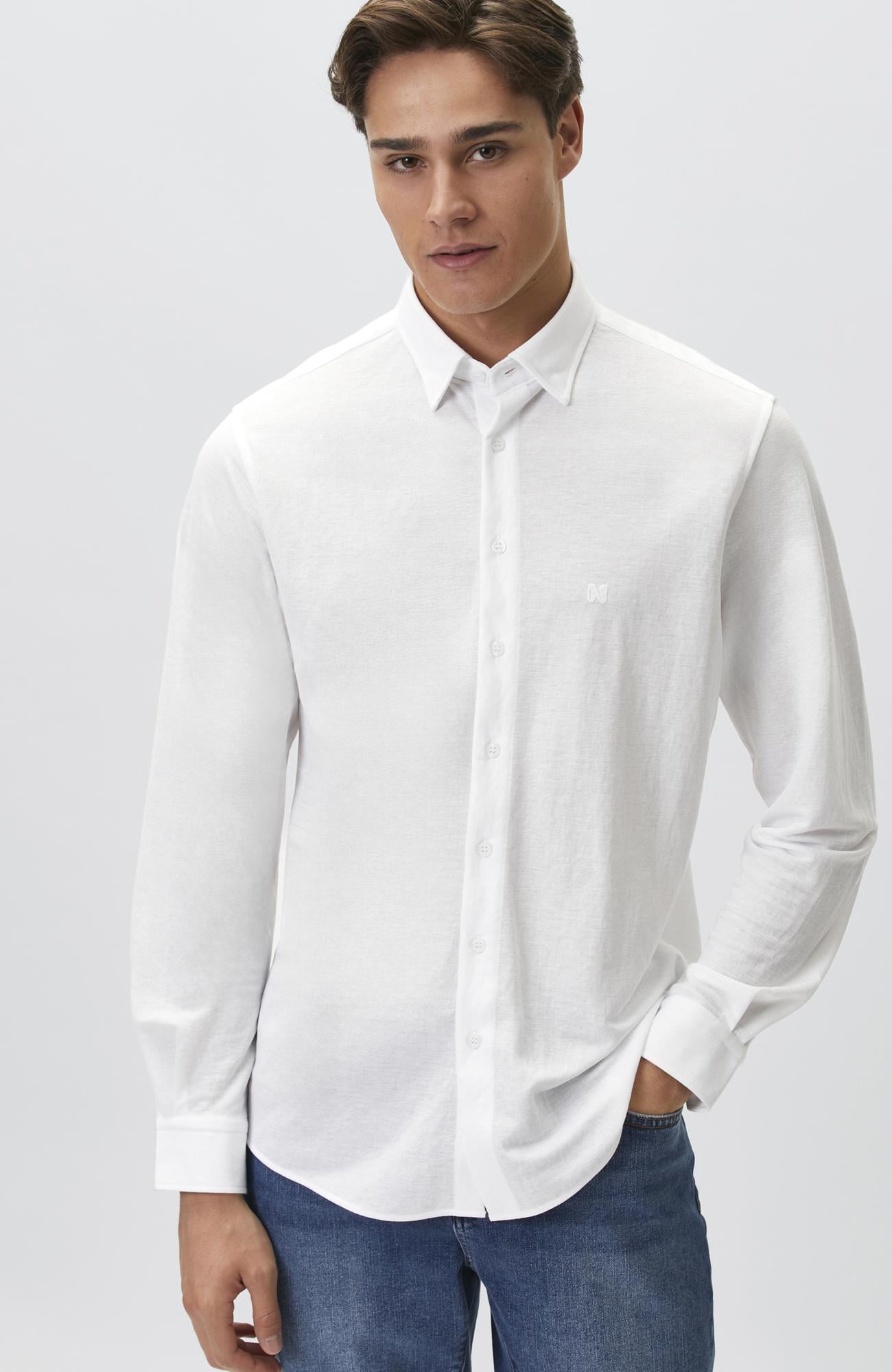 Network Erkek Slim Fit Beyaz Uzun Kol Örme Gömlek