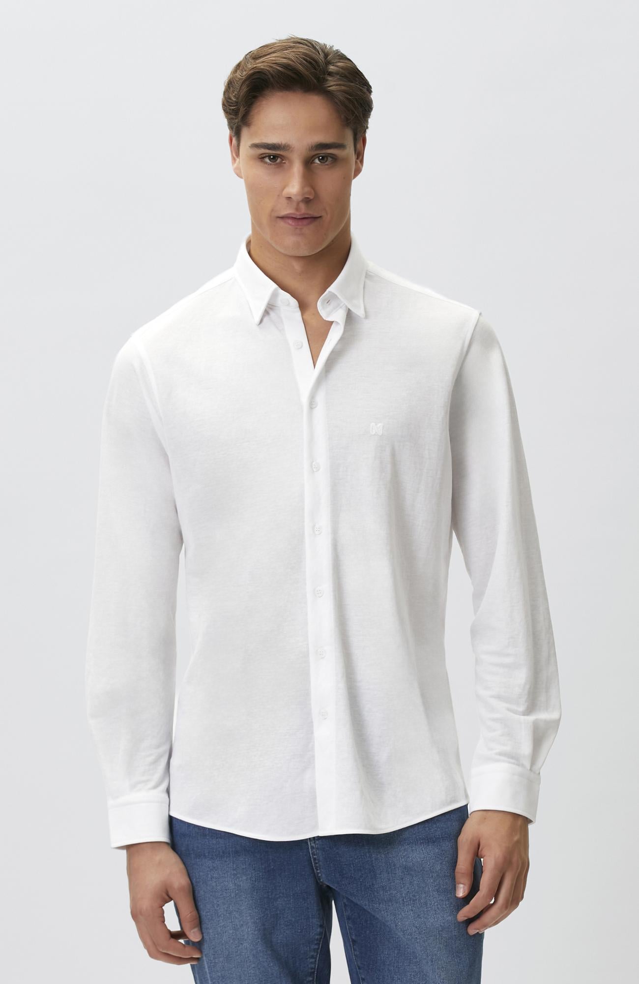 Network Erkek Slim Fit Beyaz Uzun Kol Örme Gömlek