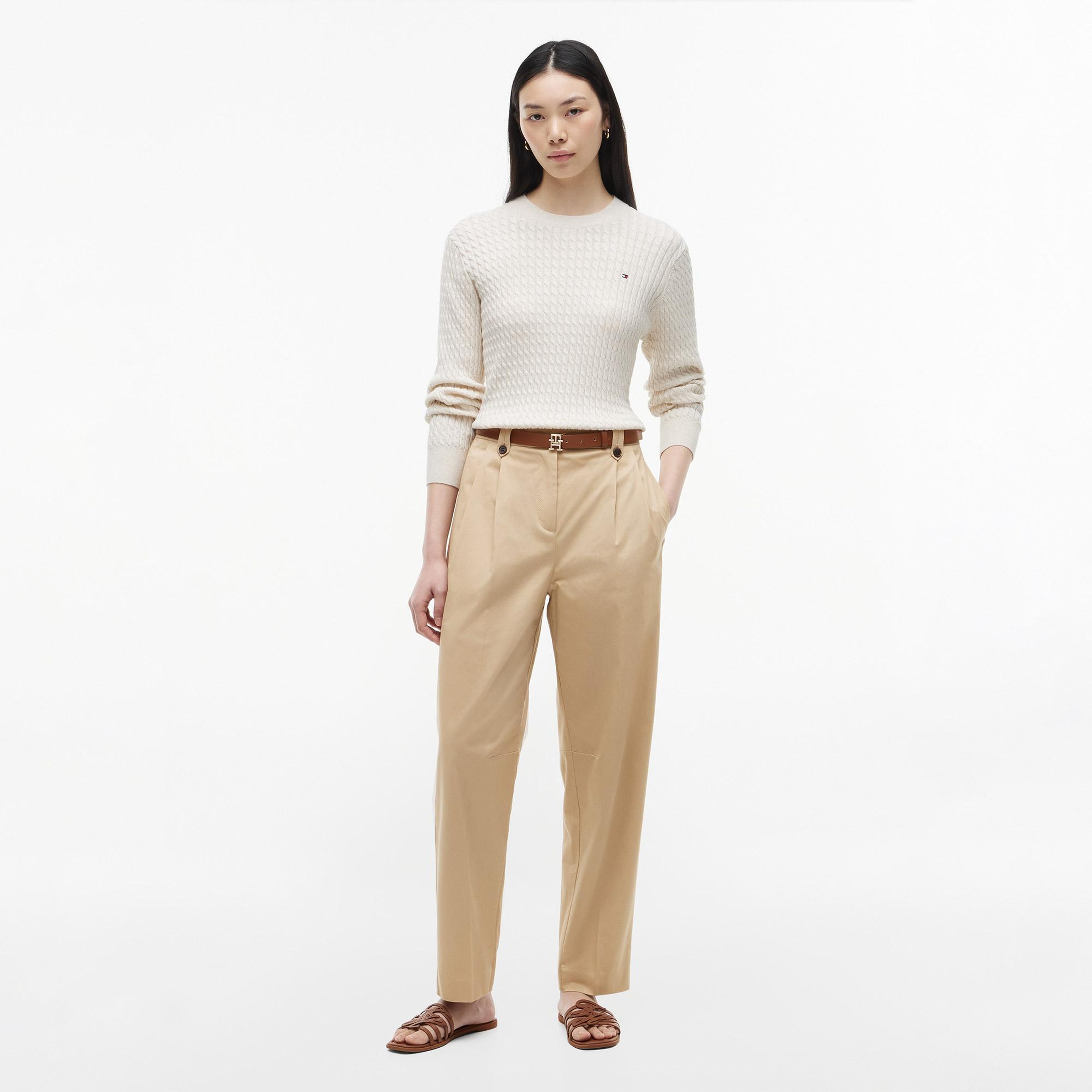 Tommy Hilfiger Cable Fine Kadın Bej Triko