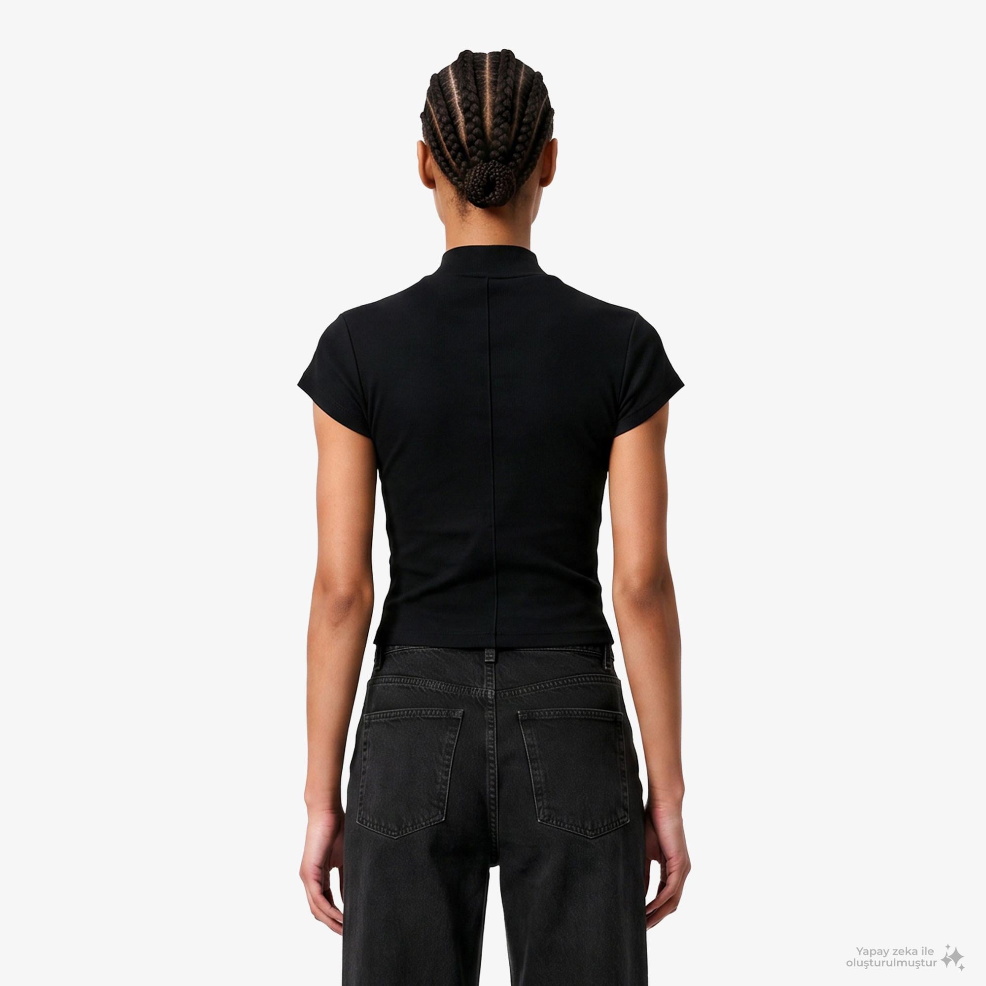 Calvin Klein Woven Label 2X2 Baby Rib Zip Kadın Siyah T-Shirt