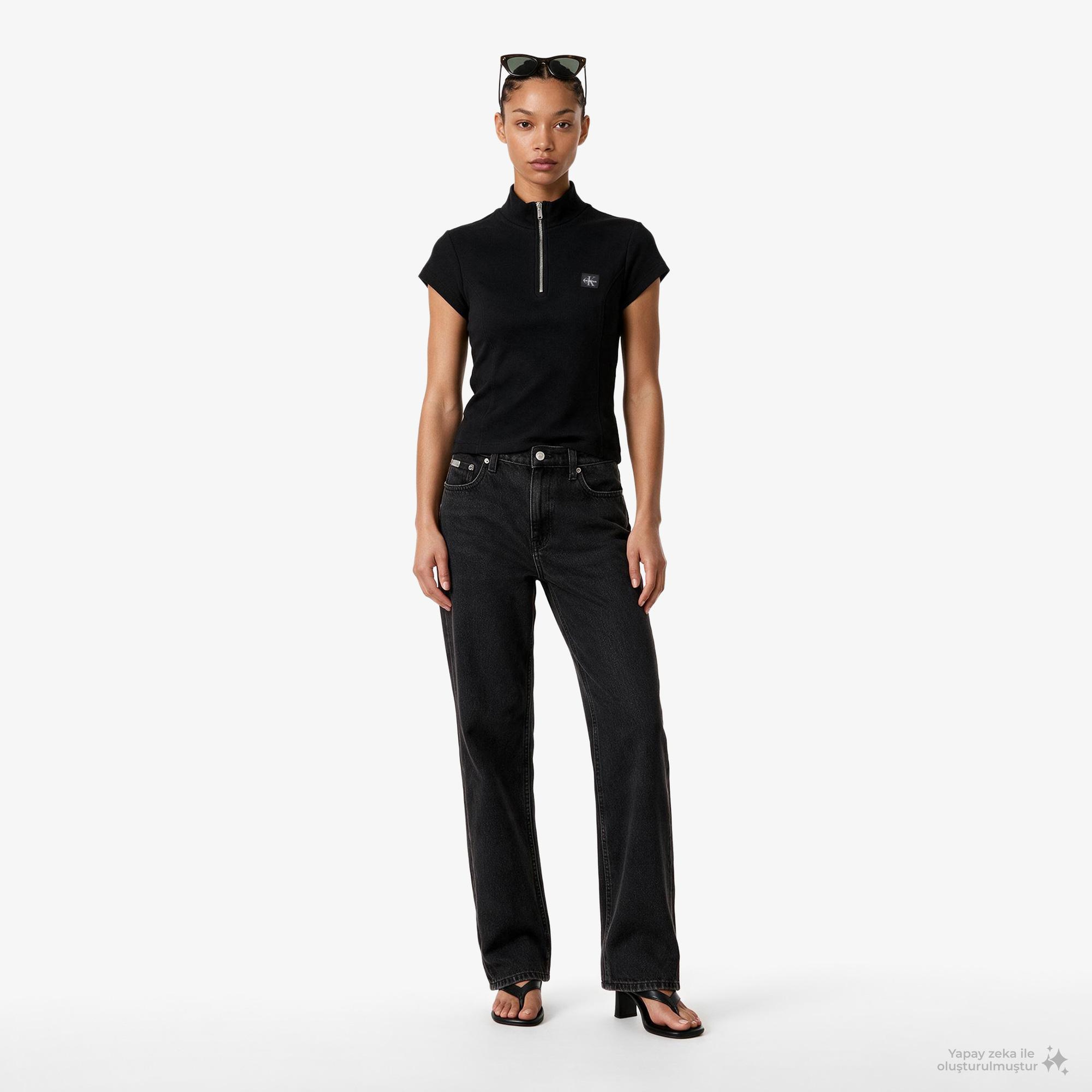 Calvin Klein Woven Label 2X2 Baby Rib Zip Kadın Siyah T-Shirt