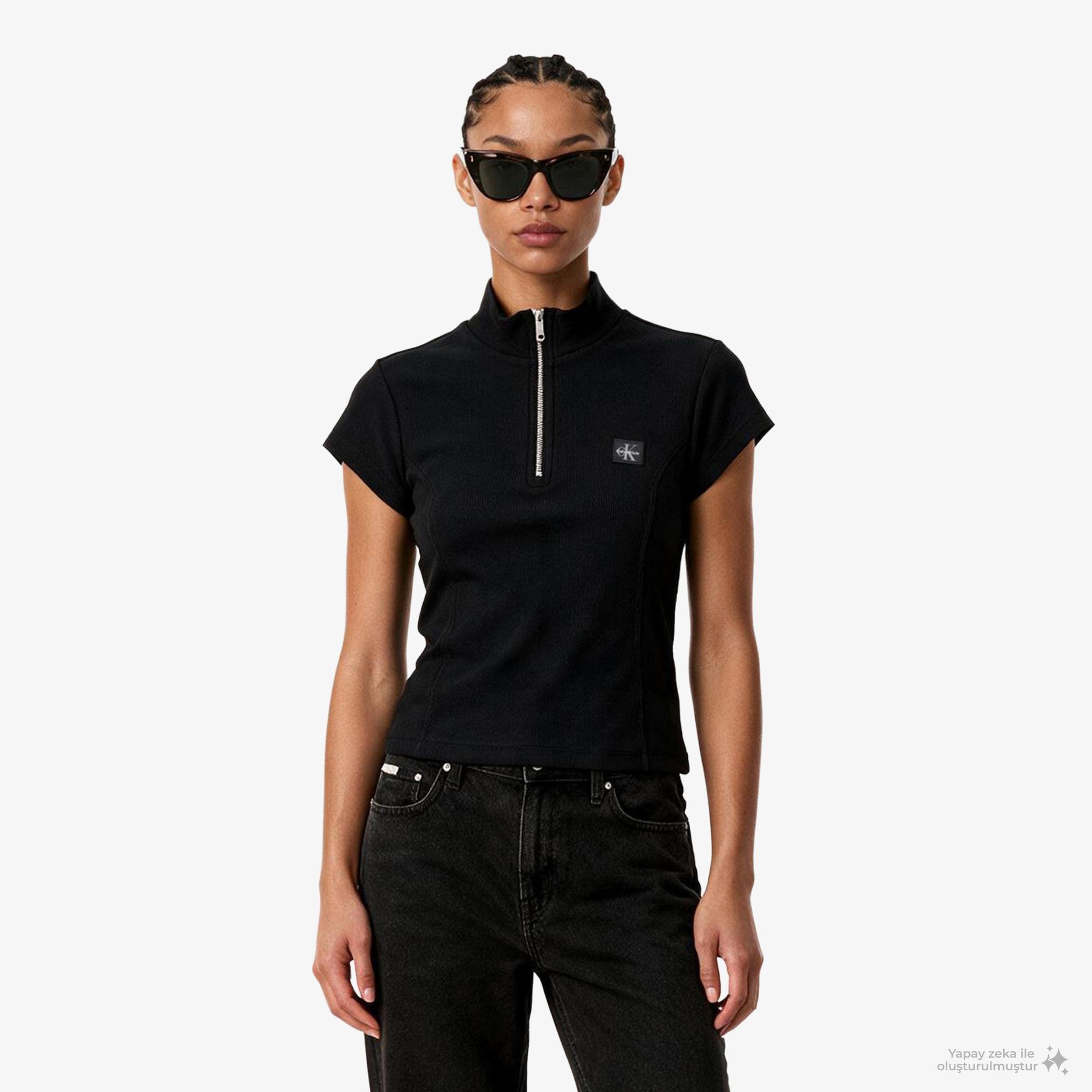 Calvin Klein Woven Label 2X2 Baby Rib Zip Kadın Siyah T-Shirt