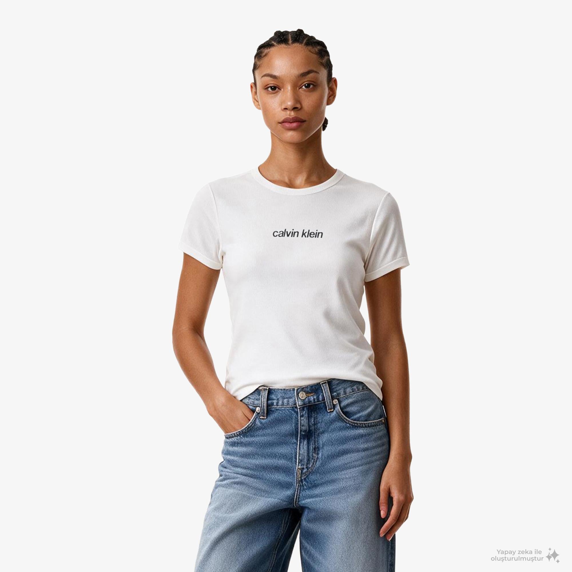 Calvin Klein Contour Rib Logo Ringer Kadın Beyaz T-Shirt
