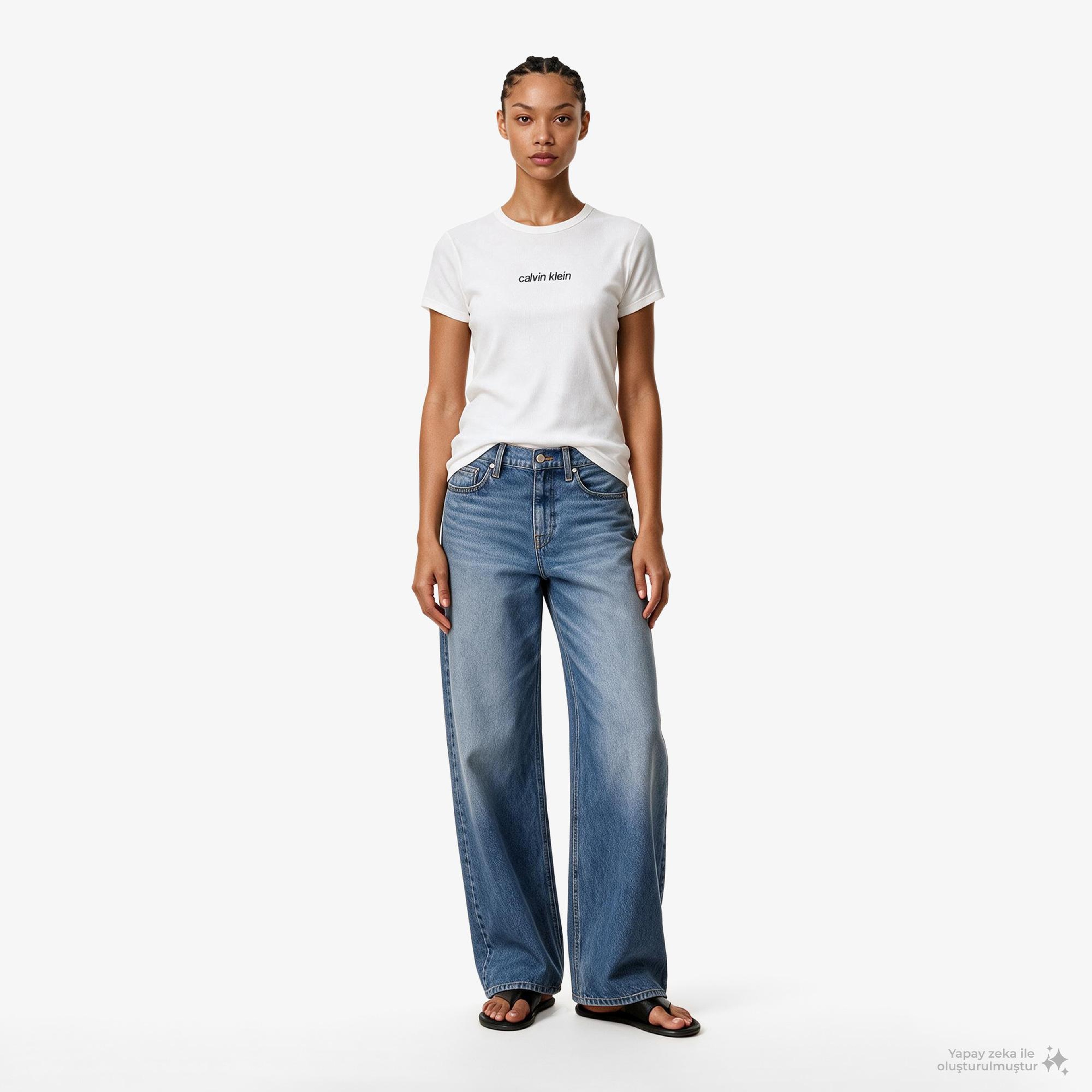 Calvin Klein Contour Rib Logo Ringer Kadın Beyaz T-Shirt