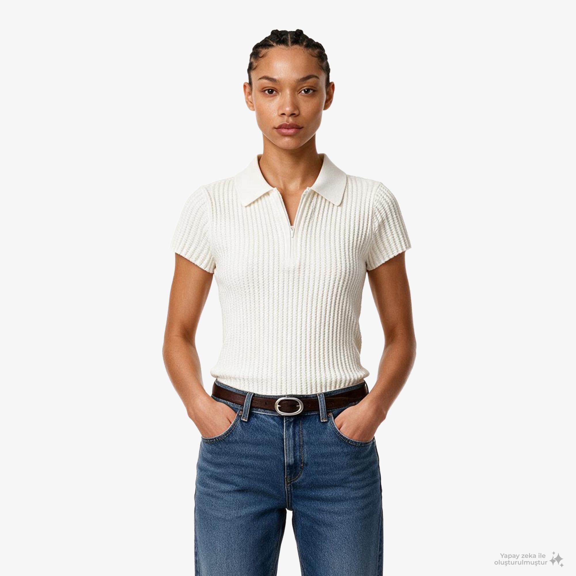Calvin Klein Zıgzag Rib Zip Up Kadın Beyaz Triko