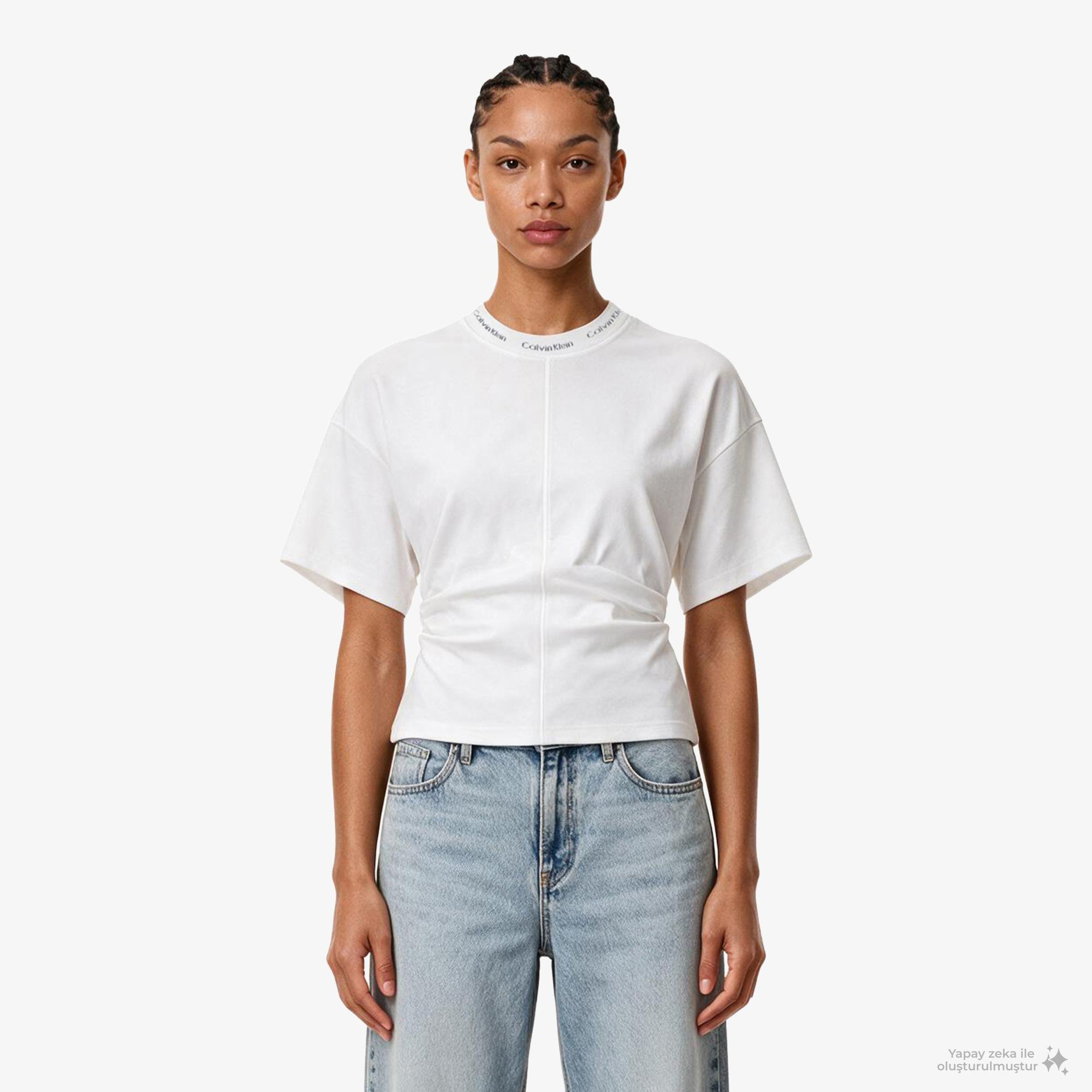 Calvin Klein Logo Detail Interlock Kadın Beyaz T-Shirt