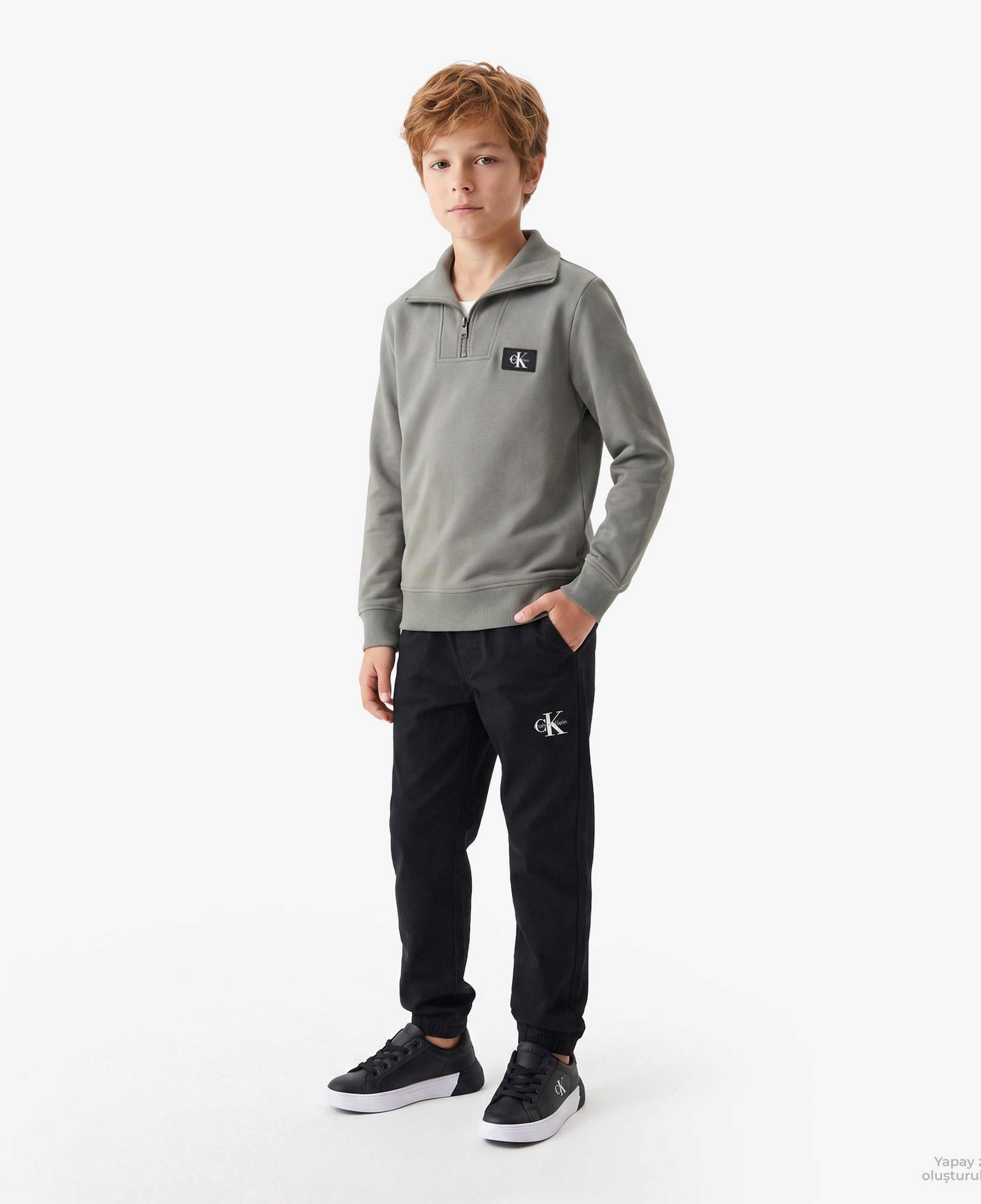 Calvin Klein Terry Woven Label Half Zip Çocuk Yeşil Sweatshirt