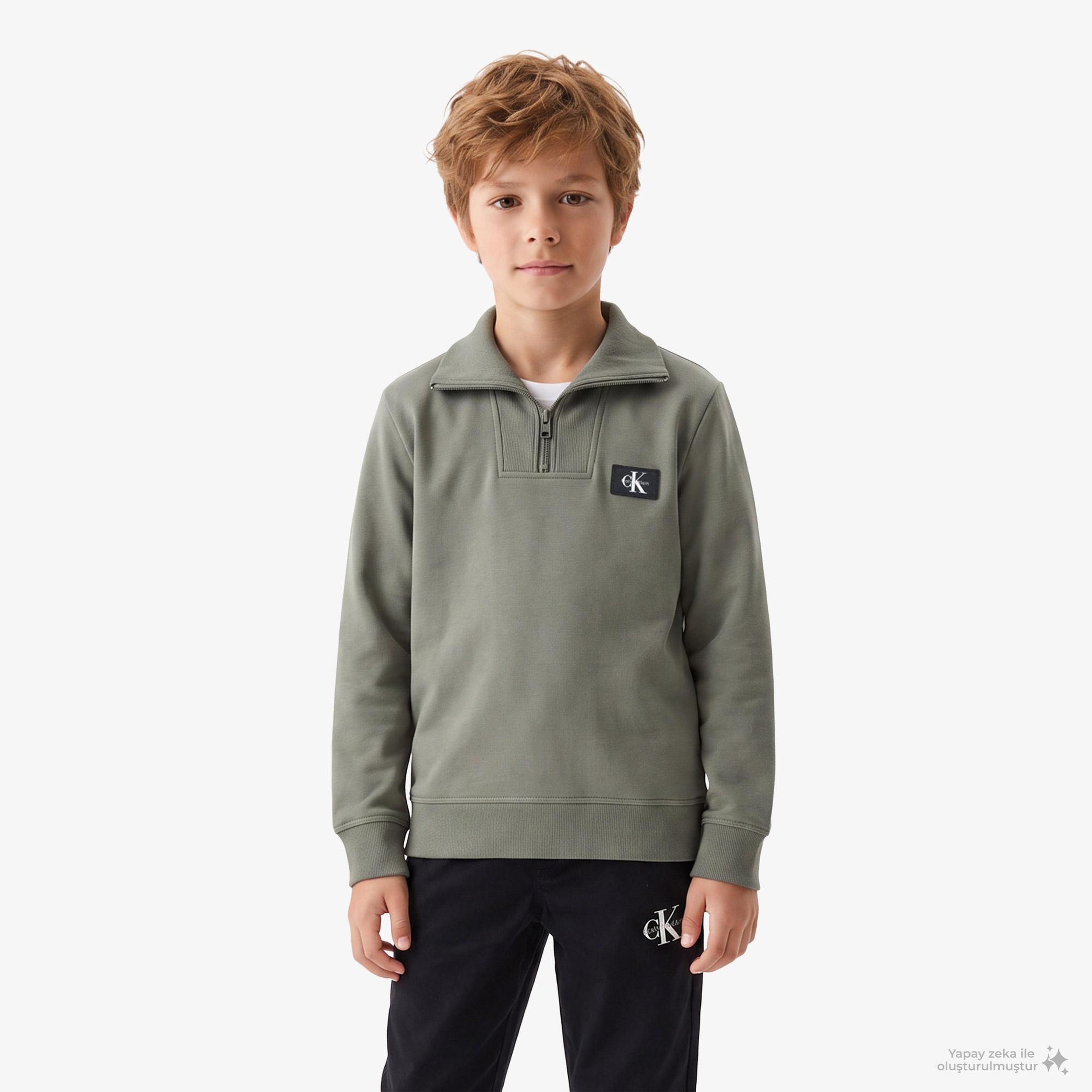 Calvin Klein Terry Woven Label Half Zip Çocuk Yeşil Sweatshirt
