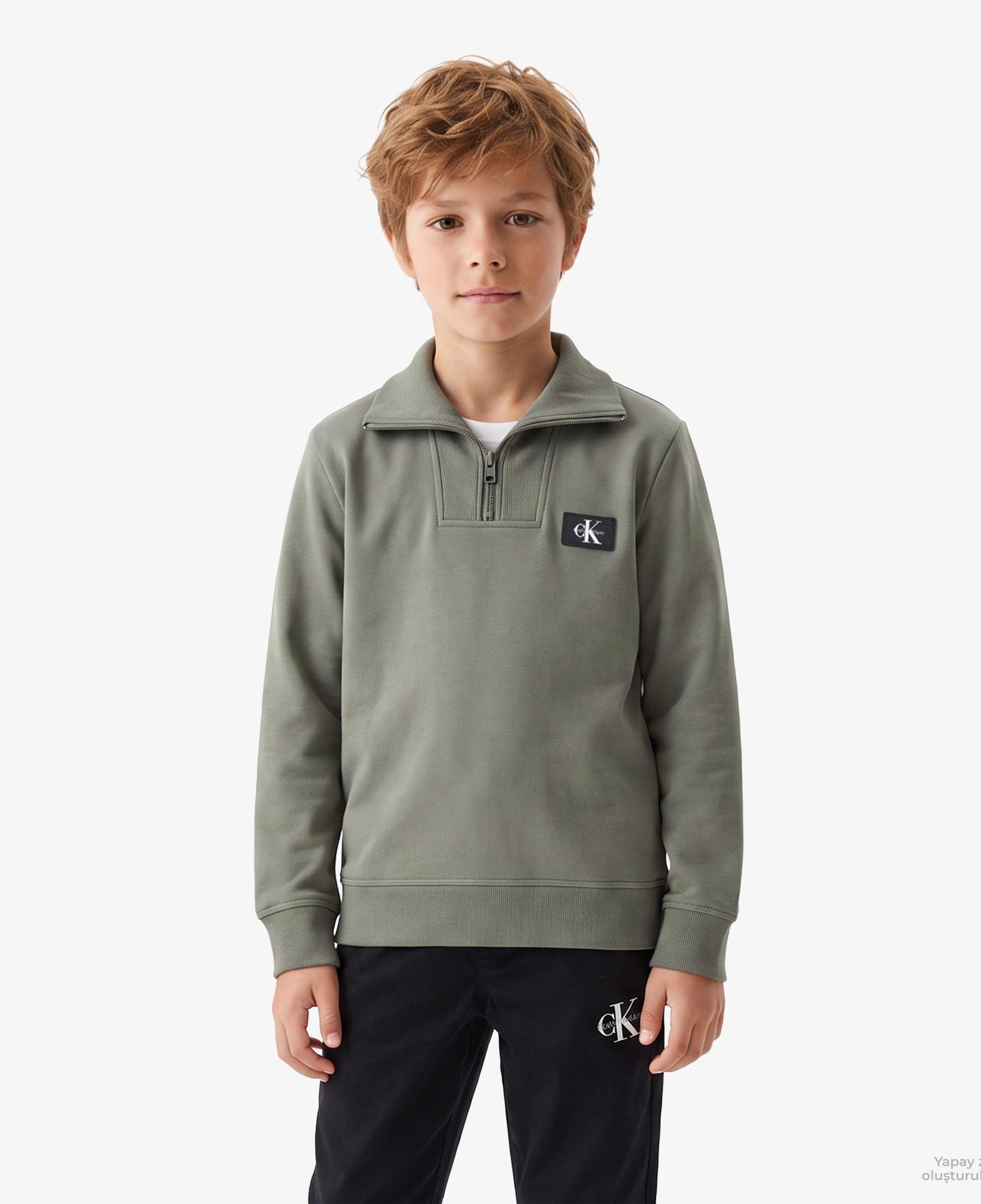 Calvin Klein Terry Woven Label Half Zip Çocuk Yeşil Sweatshirt