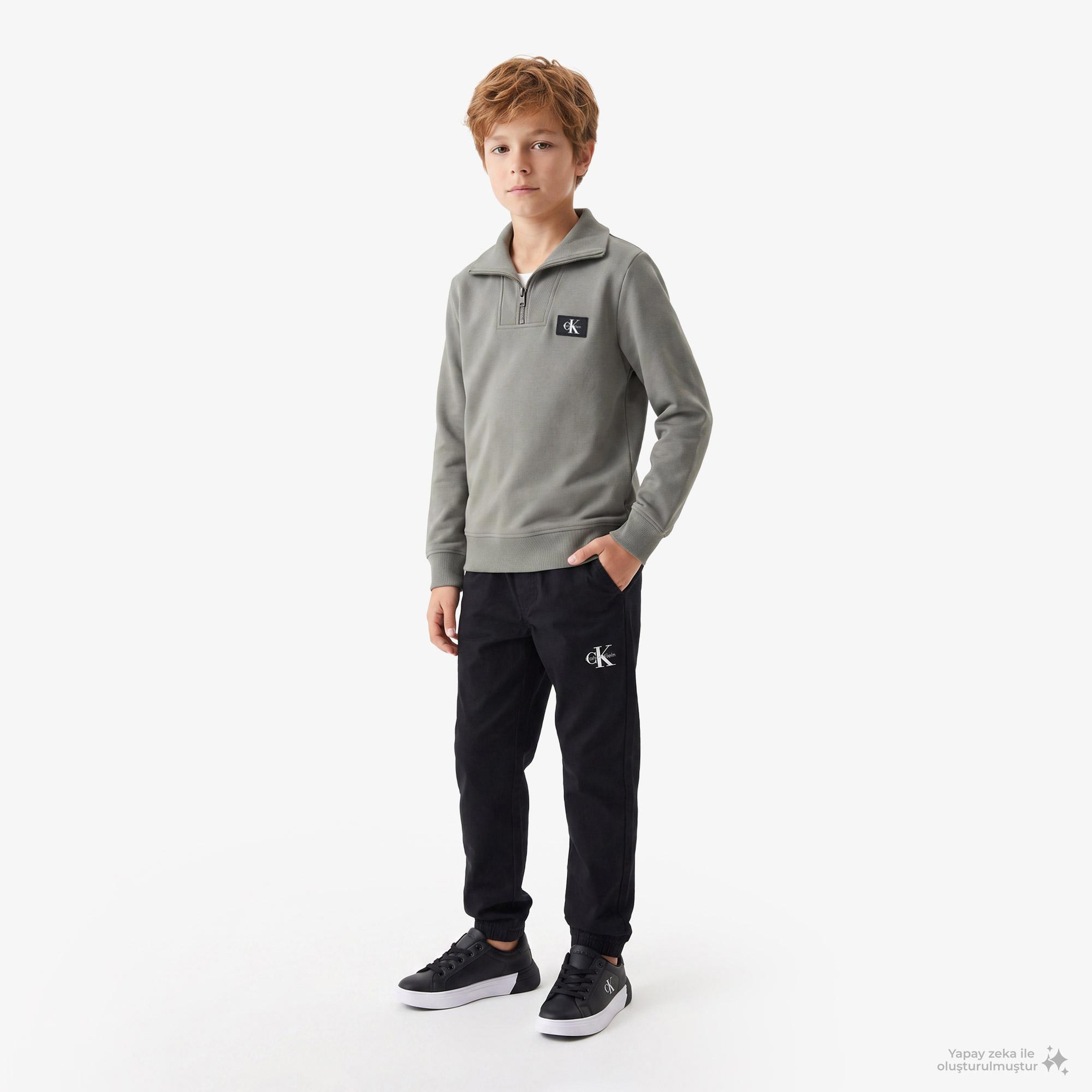Calvin Klein Terry Woven Label Half Zip Çocuk Yeşil Sweatshirt