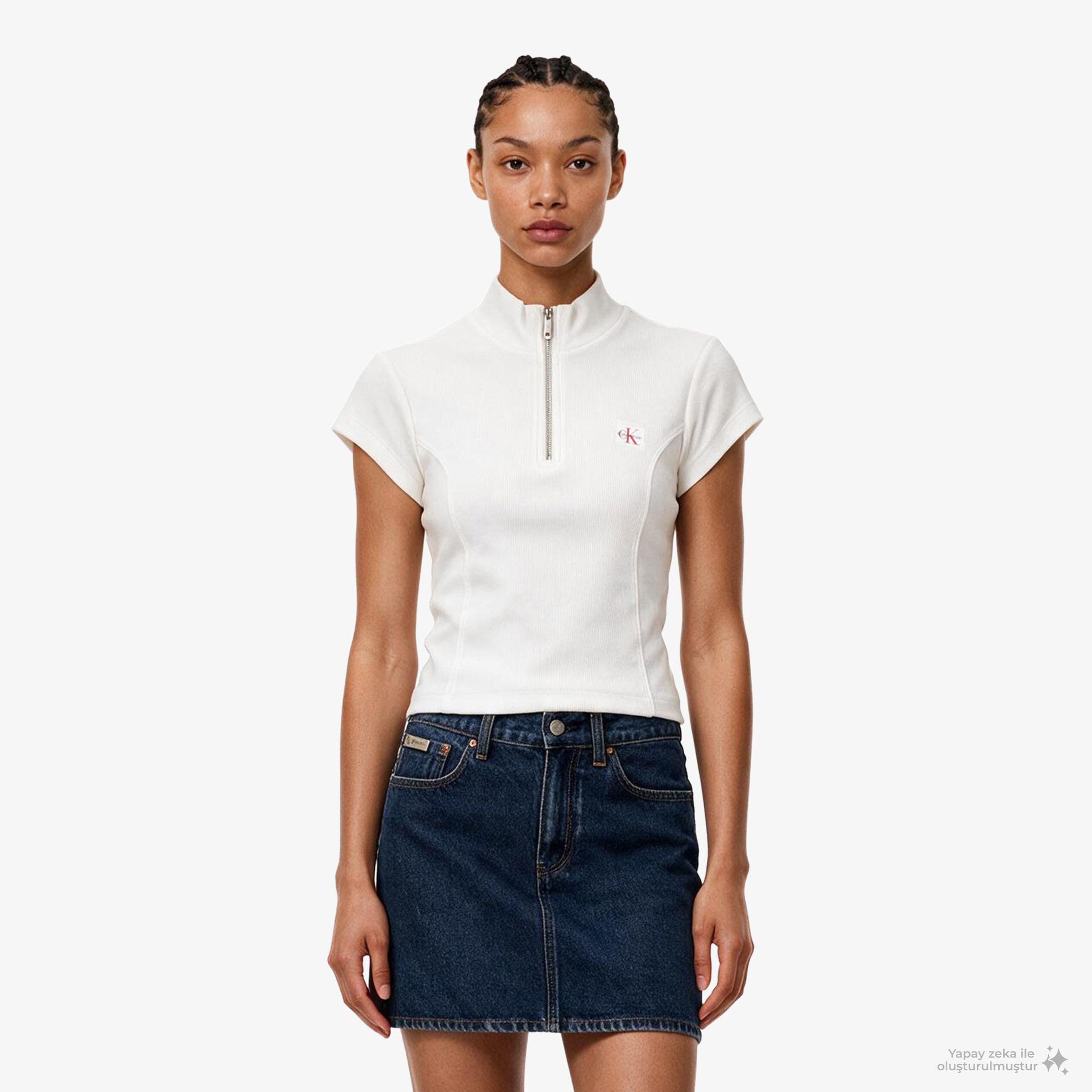Calvin Klein Woven Label 2X2 Baby Rib Zip Kadın Beyaz T-Shirt