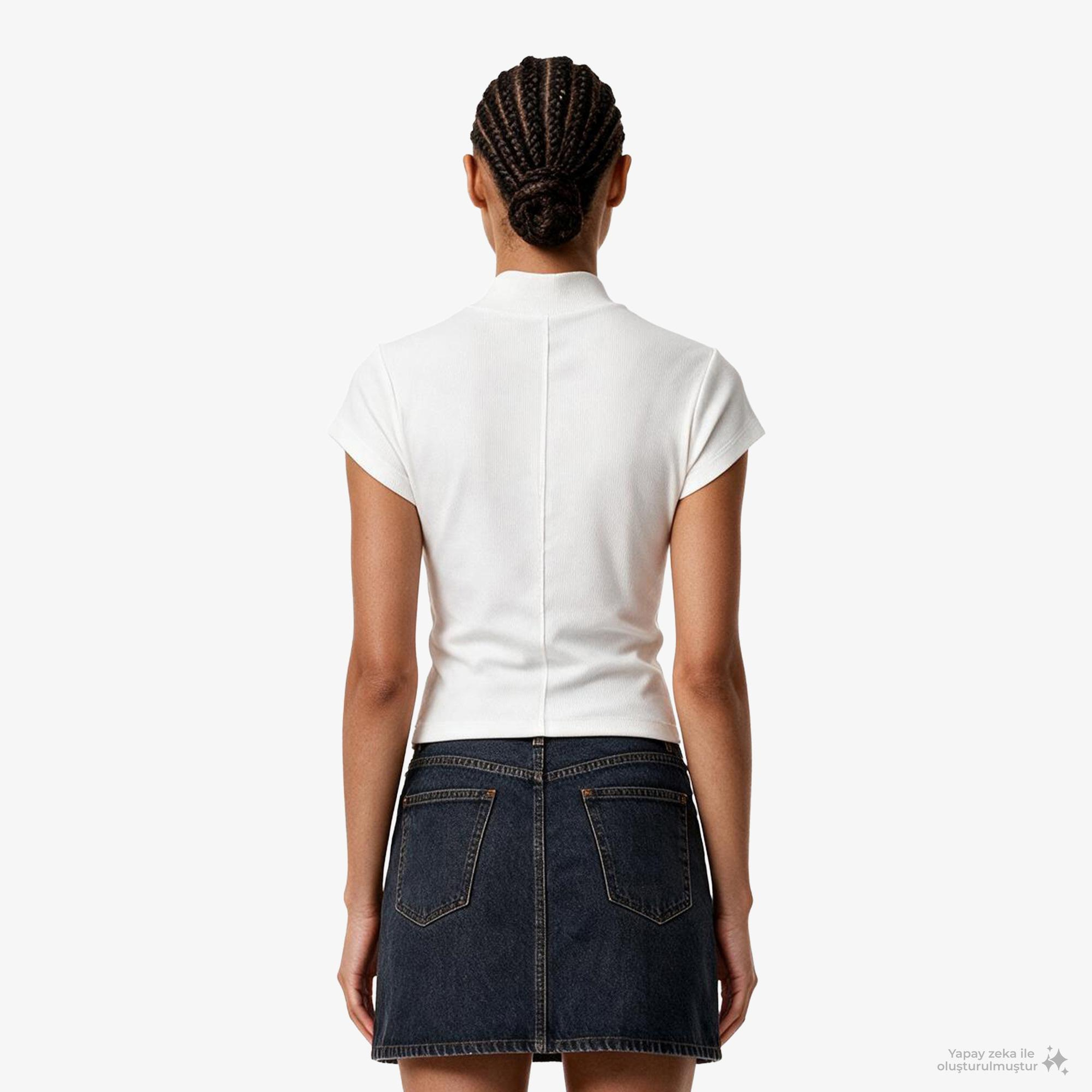 Calvin Klein Woven Label 2X2 Baby Rib Zip Kadın Beyaz T-Shirt