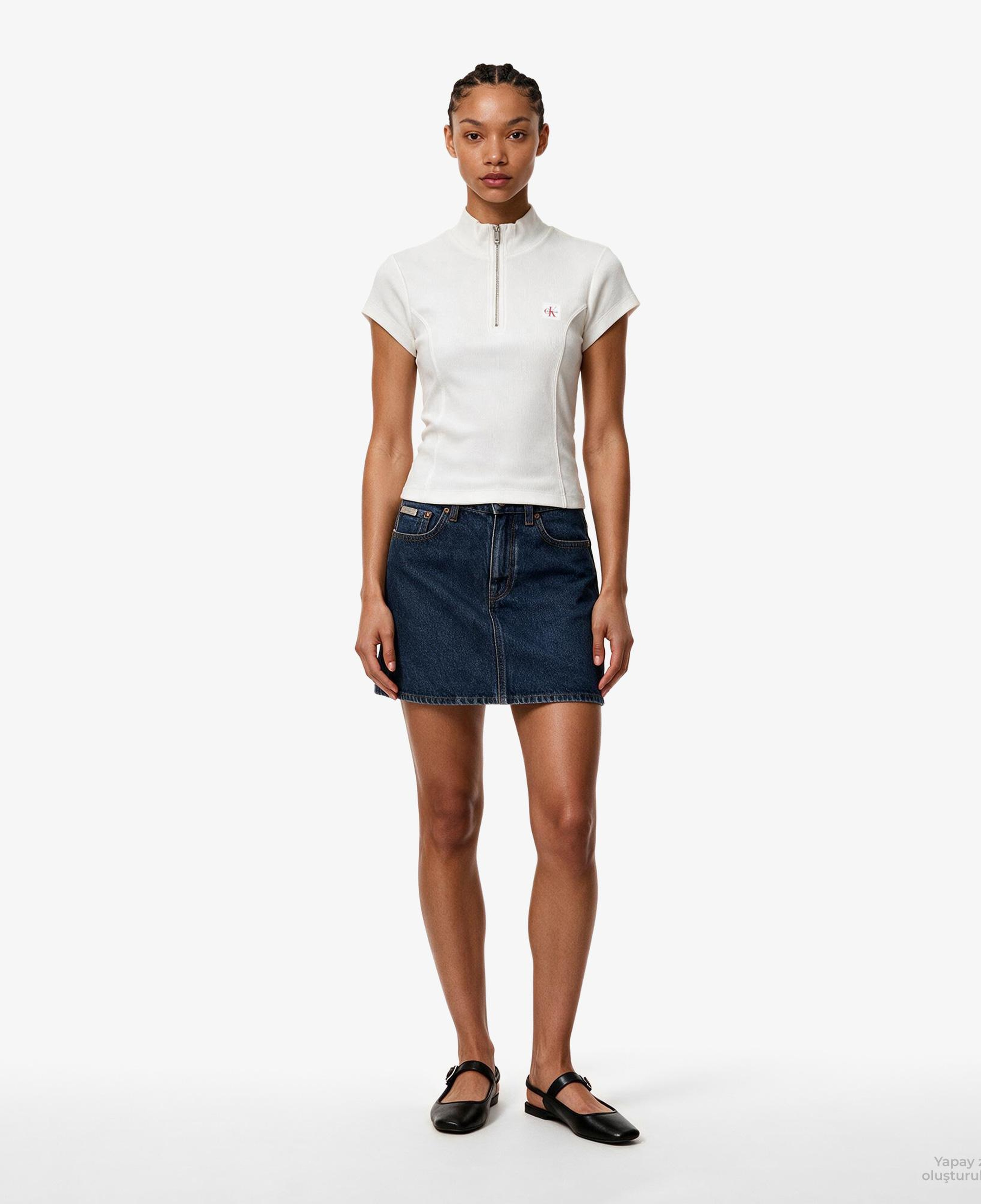 Calvin Klein Woven Label 2X2 Baby Rib Zip Kadın Beyaz T-Shirt