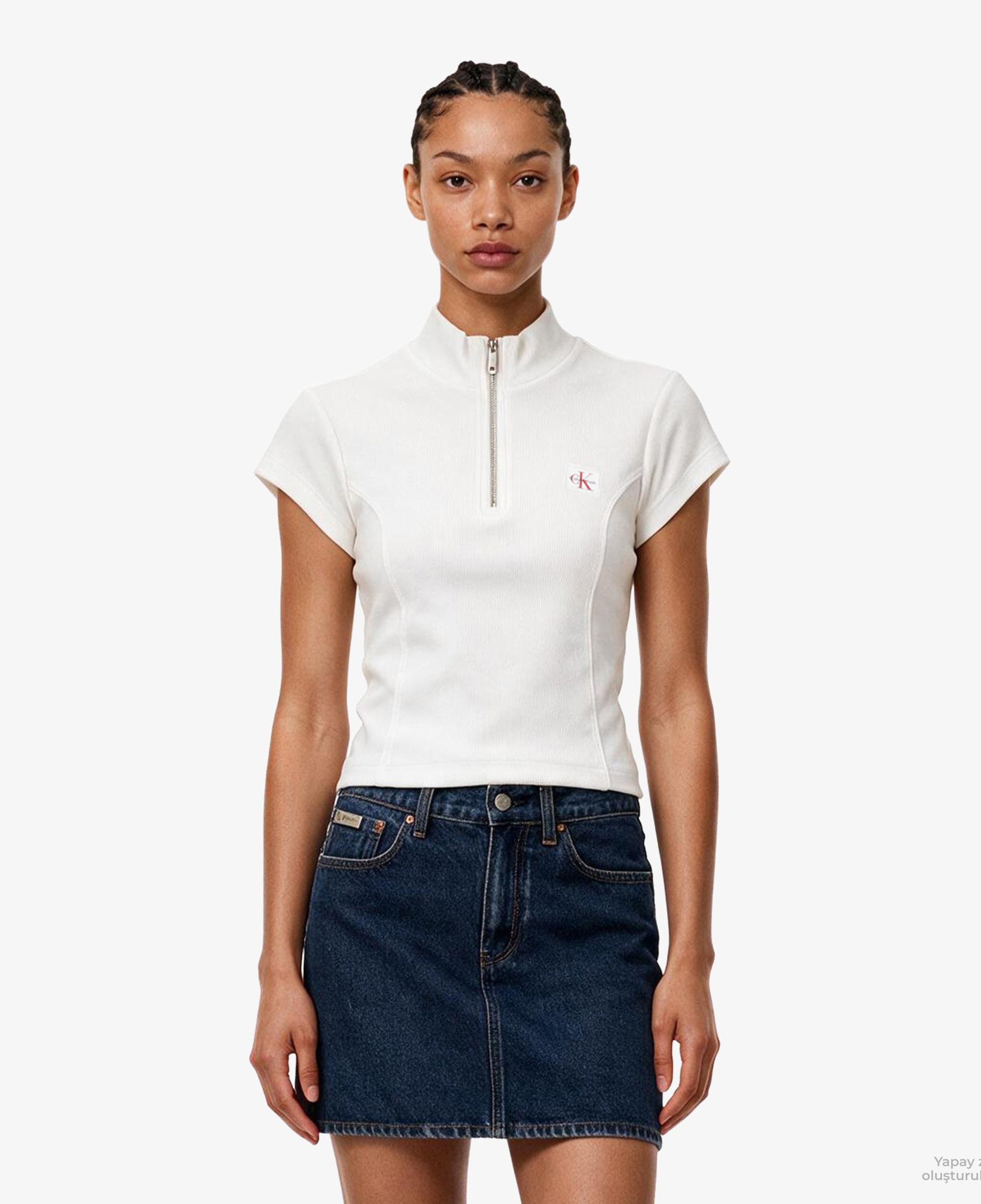 Calvin Klein Woven Label 2X2 Baby Rib Zip Kadın Beyaz T-Shirt