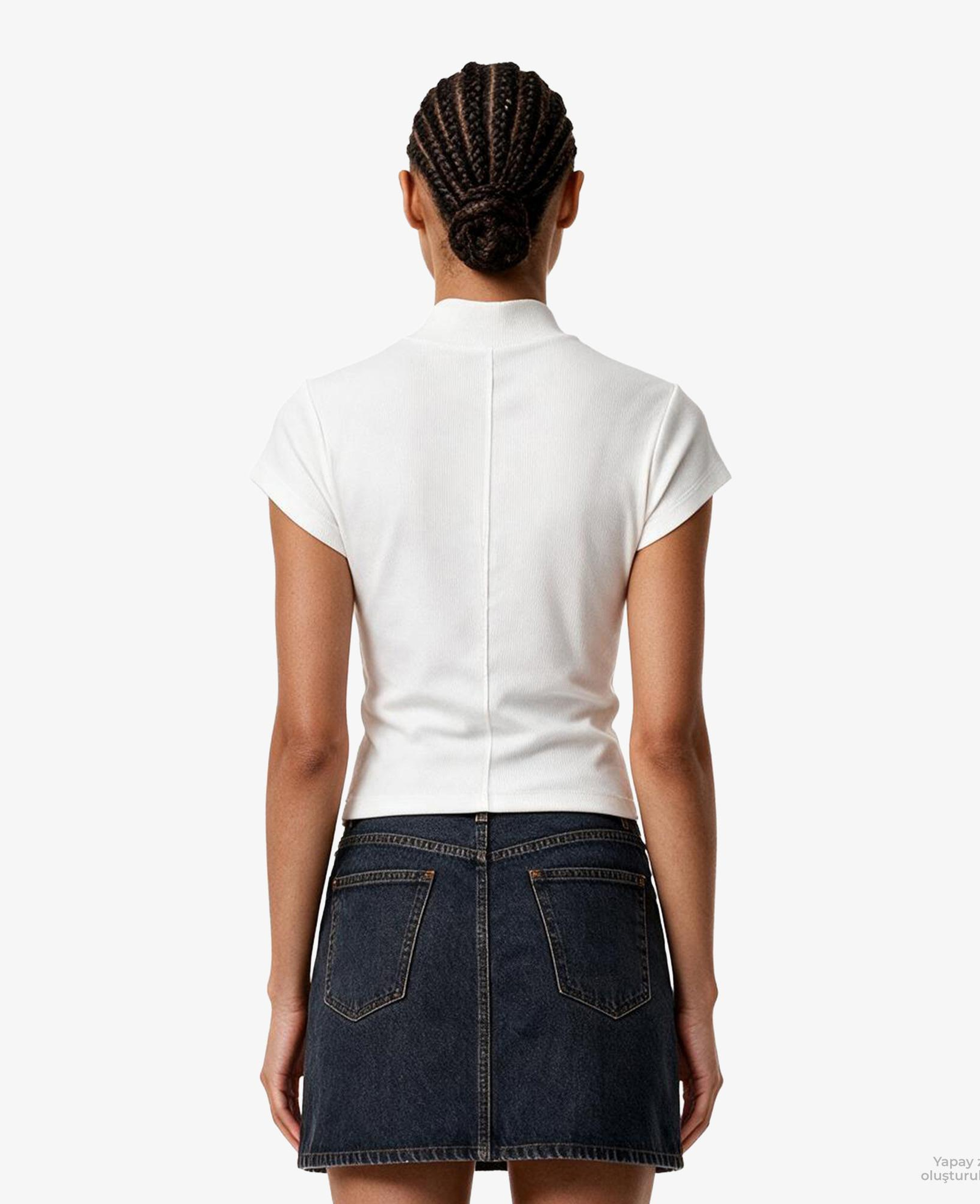 Calvin Klein Woven Label 2X2 Baby Rib Zip Kadın Beyaz T-Shirt