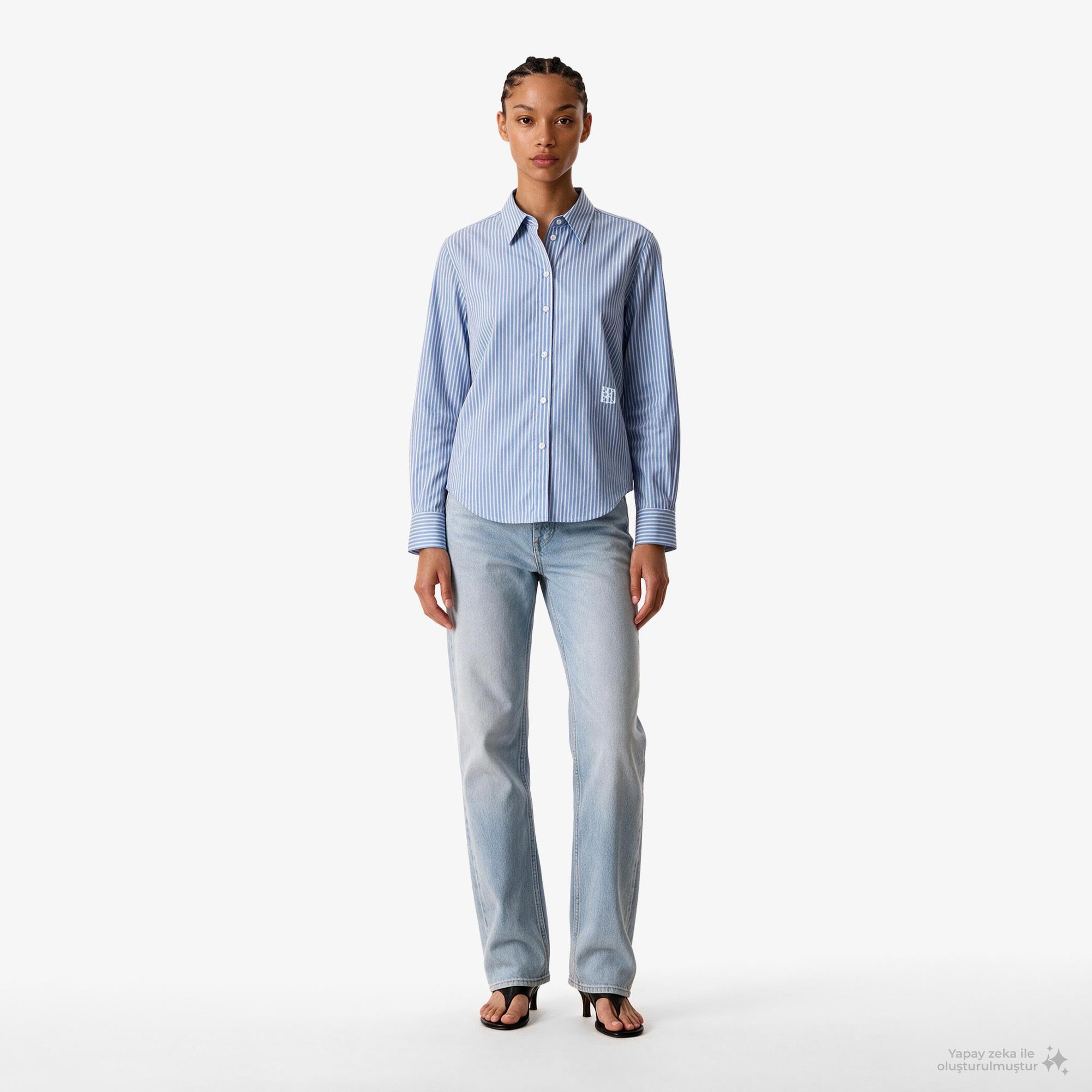Calvin Klein Yarndye Cotton Poplin Regular Kadın Mavi Gömlek