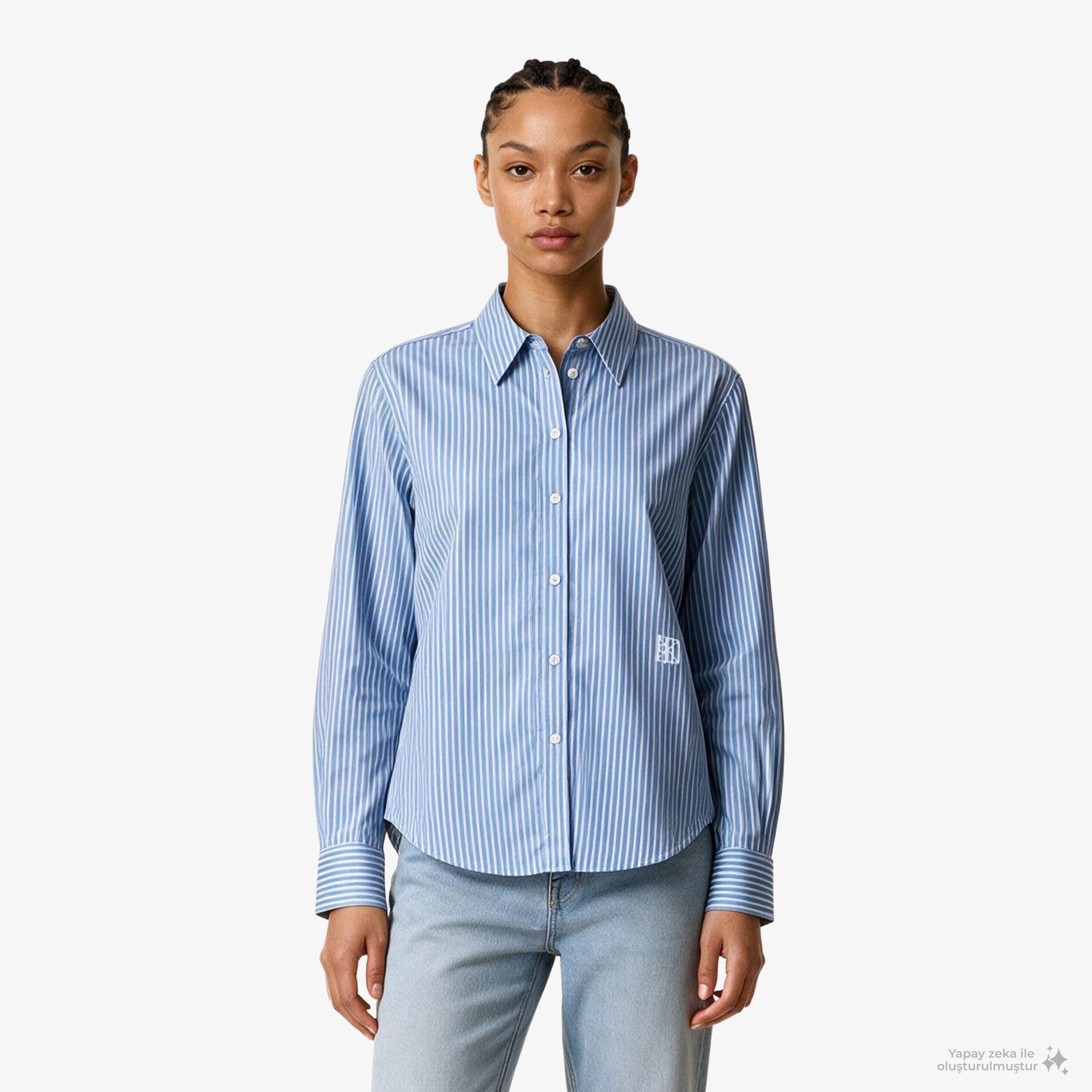 Calvin Klein Yarndye Cotton Poplin Regular Kadın Mavi Gömlek
