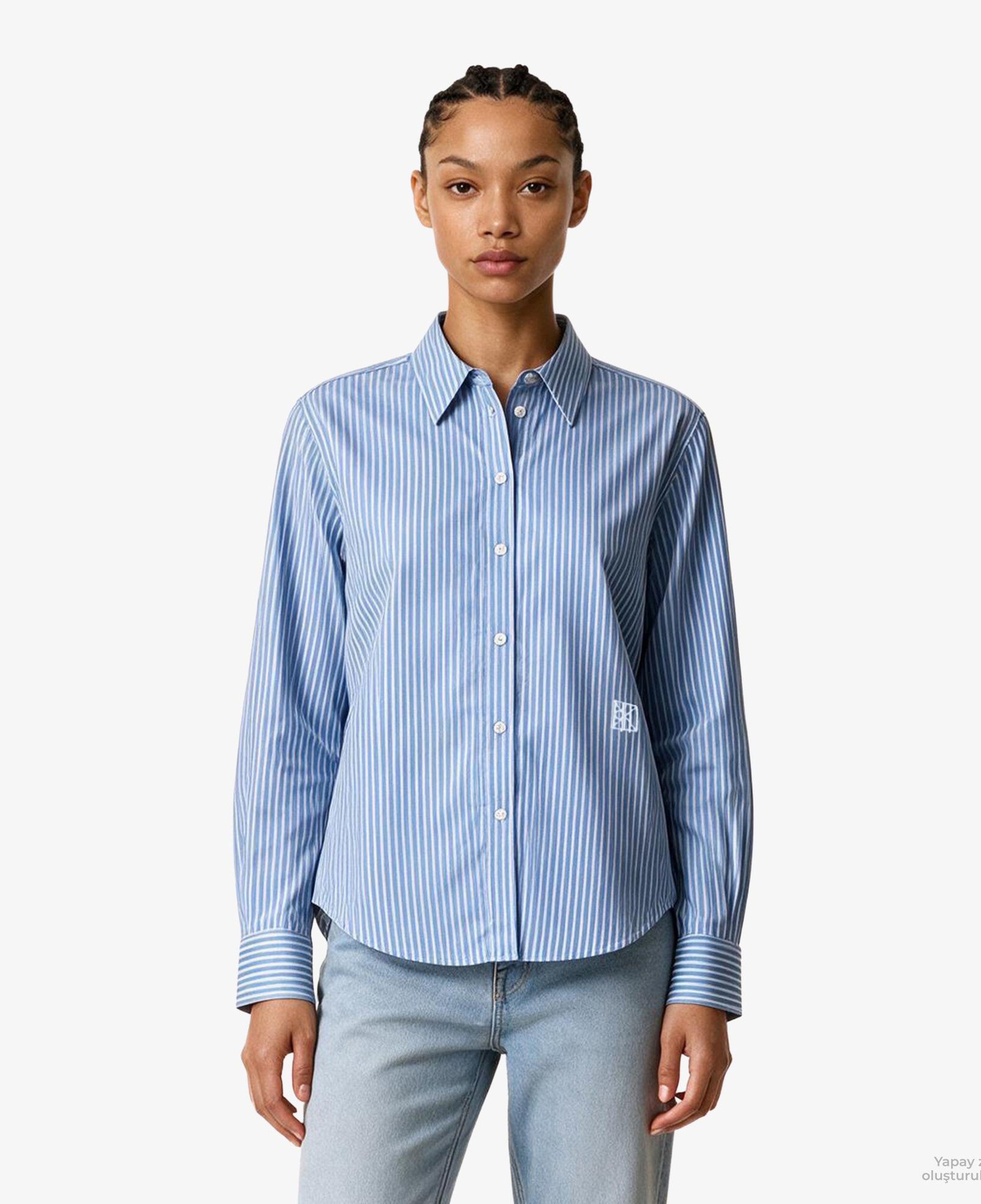 Calvin Klein Yarndye Cotton Poplin Regular Kadın Mavi Gömlek