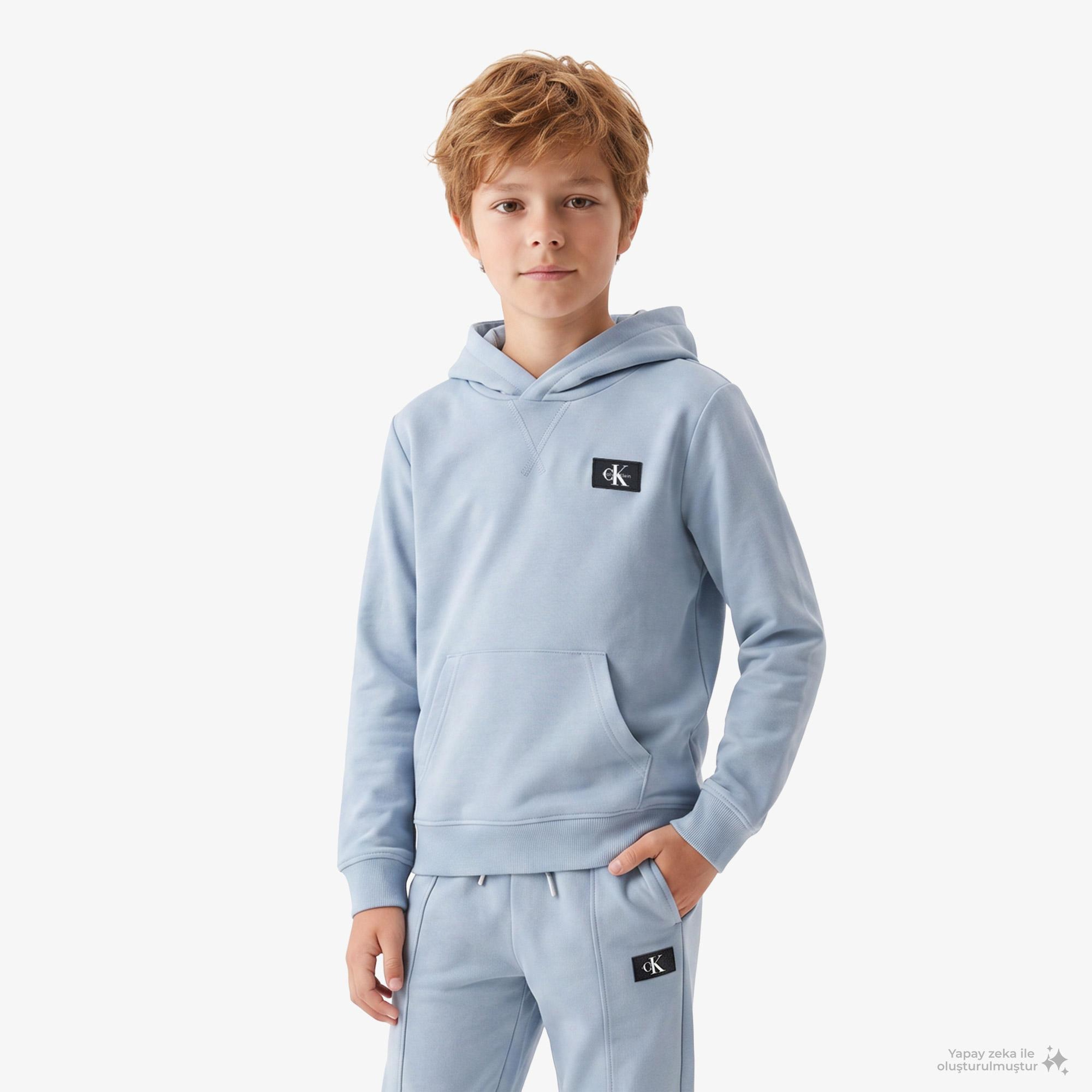 Calvin Klein Terry Woven Label Çocuk Mavi Sweatshirt
