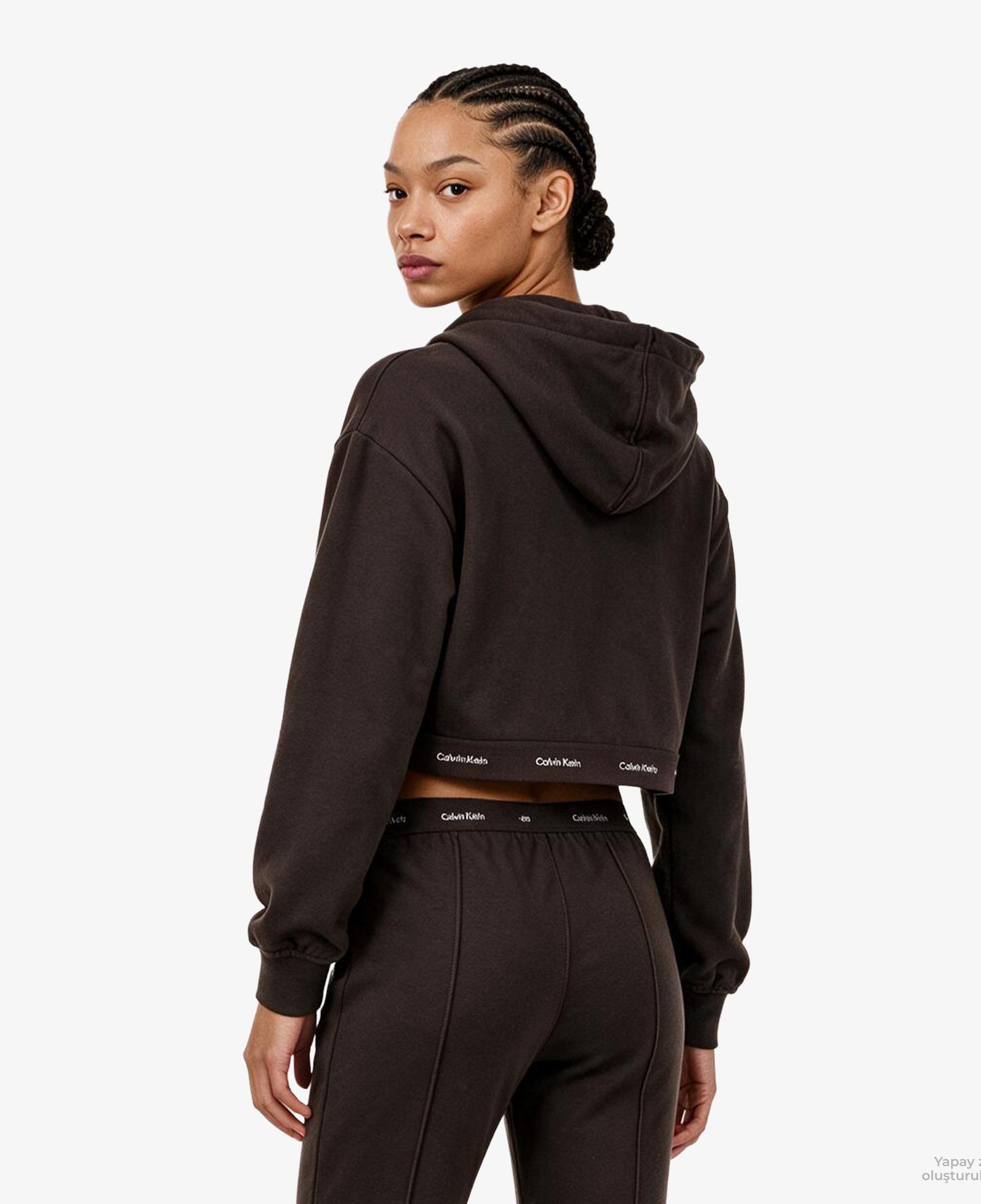 Calvin Klein Terry Logo Waist Cropped Kadın Kahverengi Sweatshirt