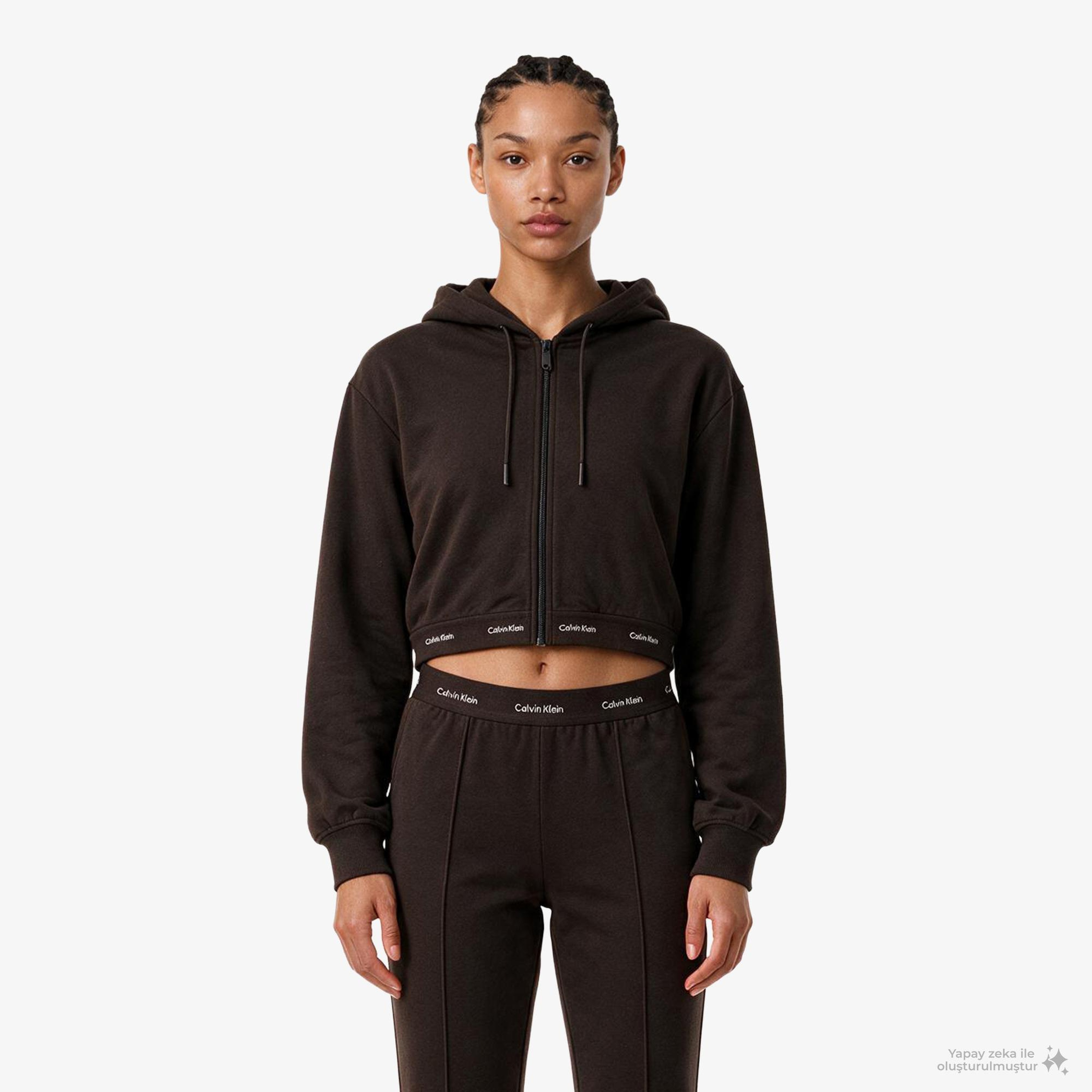Calvin Klein Terry Logo Waist Cropped Kadın Kahverengi Sweatshirt