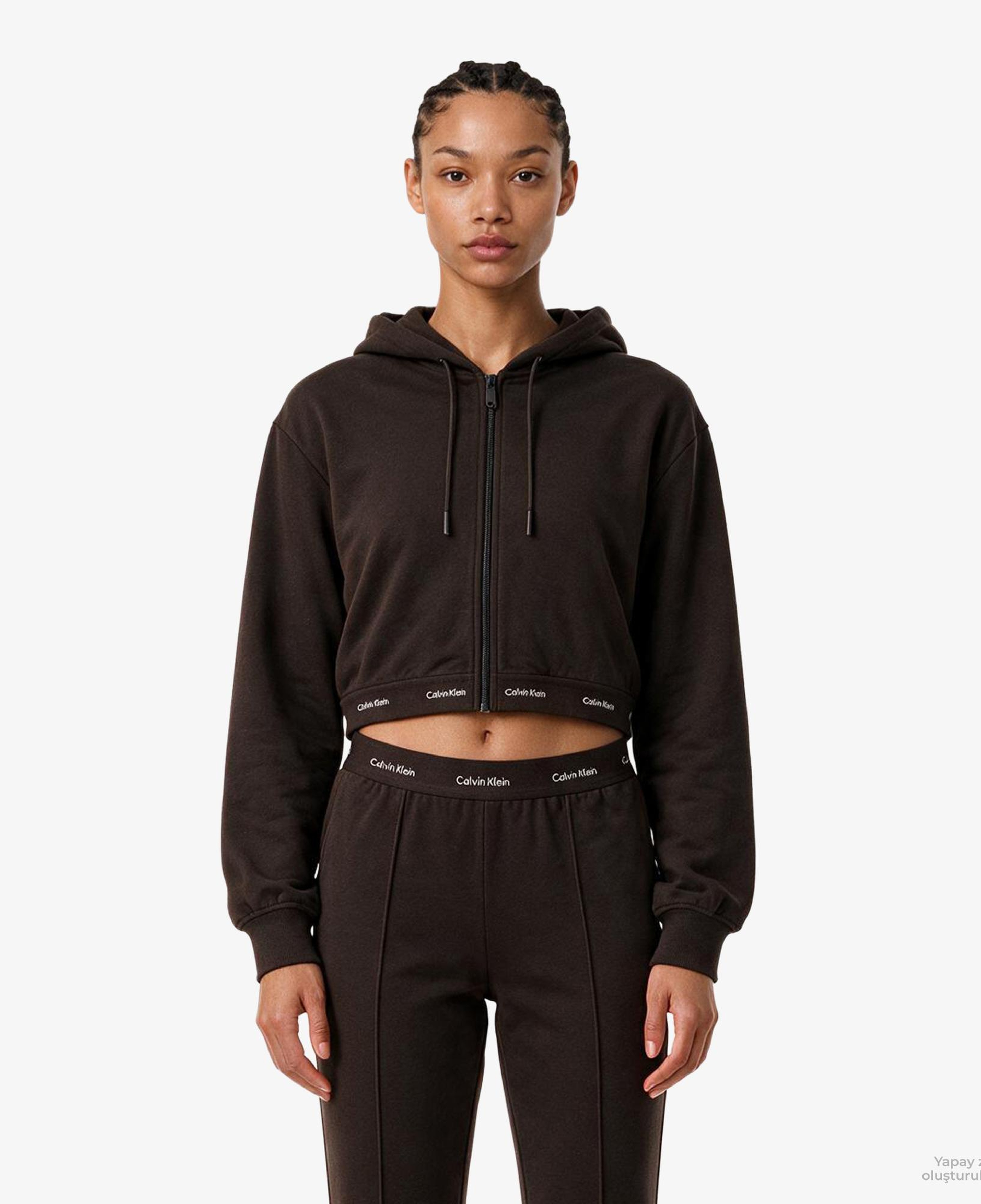 Calvin Klein Terry Logo Waist Cropped Kadın Kahverengi Sweatshirt
