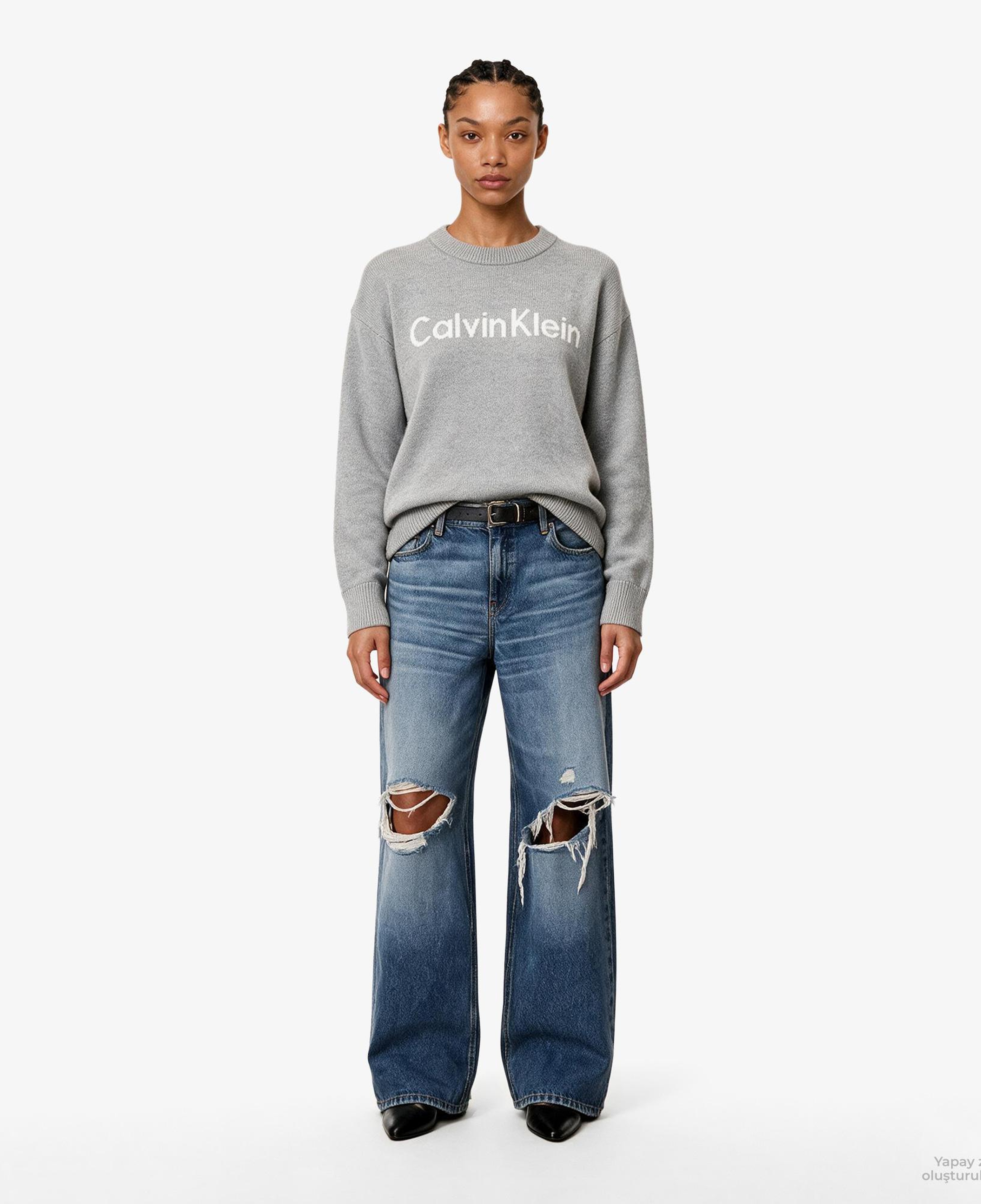 Calvin Klein Contrast Logo Kadın Gri Triko