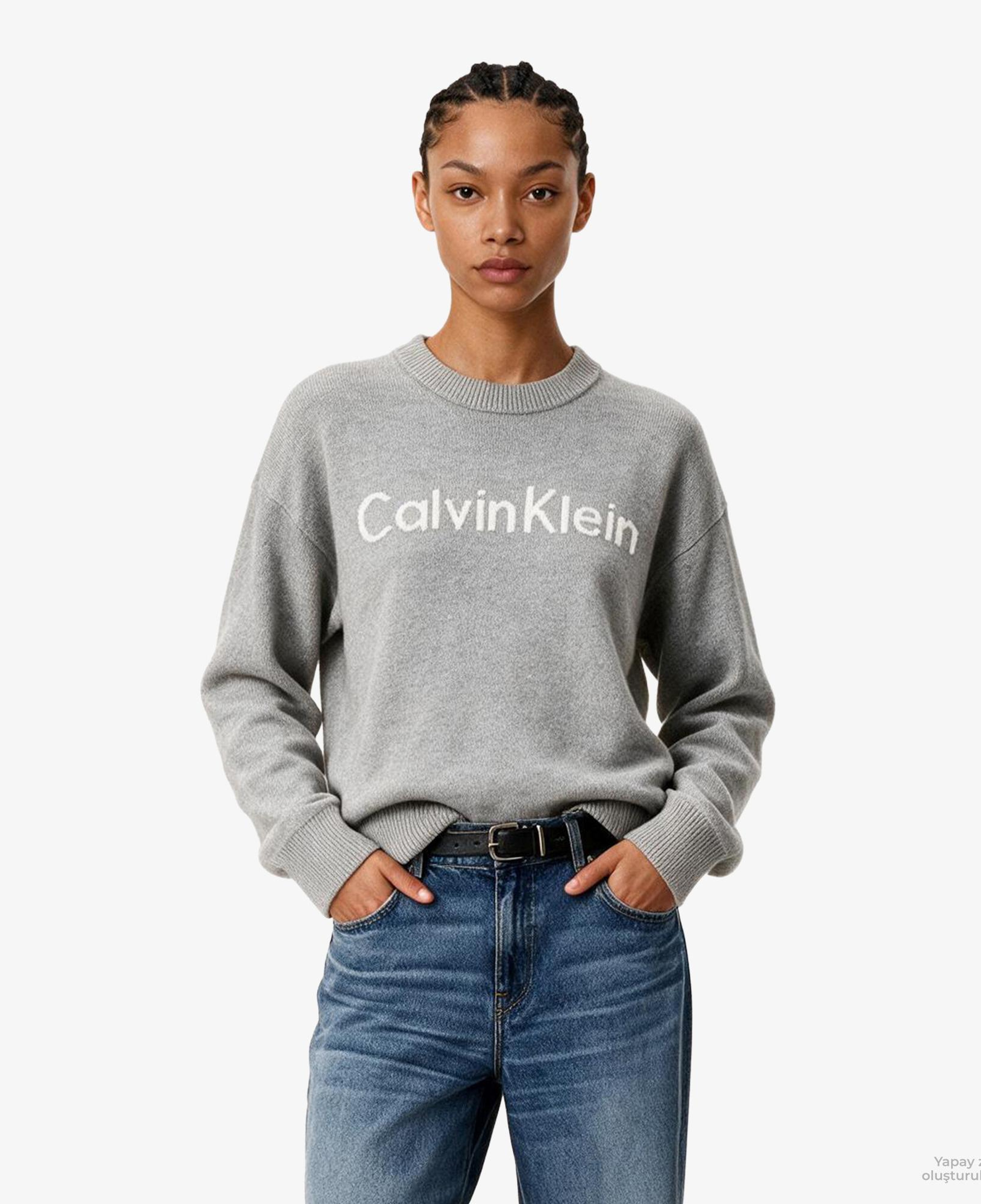 Calvin Klein Contrast Logo Kadın Gri Triko