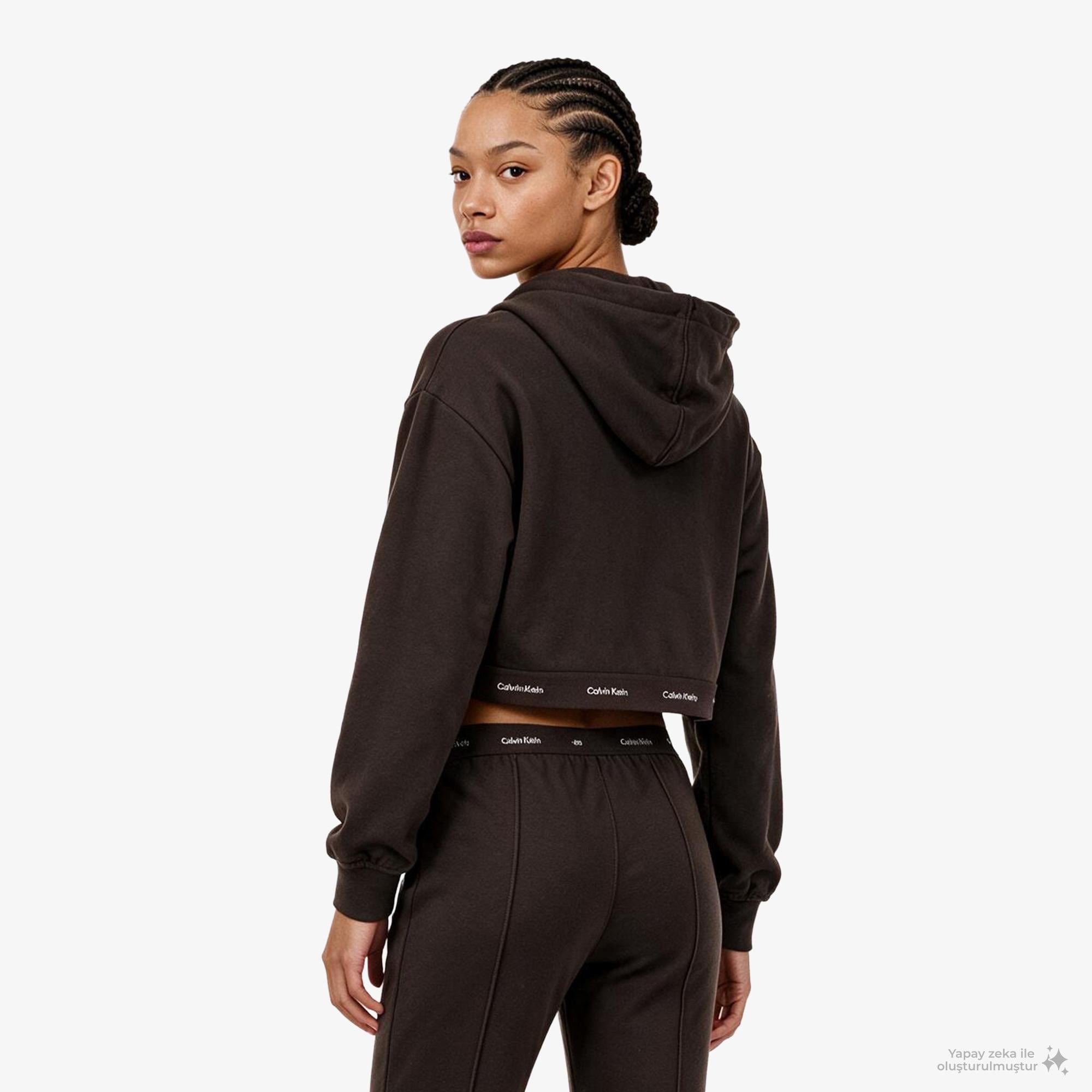 Calvin Klein Terry Logo Waist Cropped Kadın Kahverengi Sweatshirt