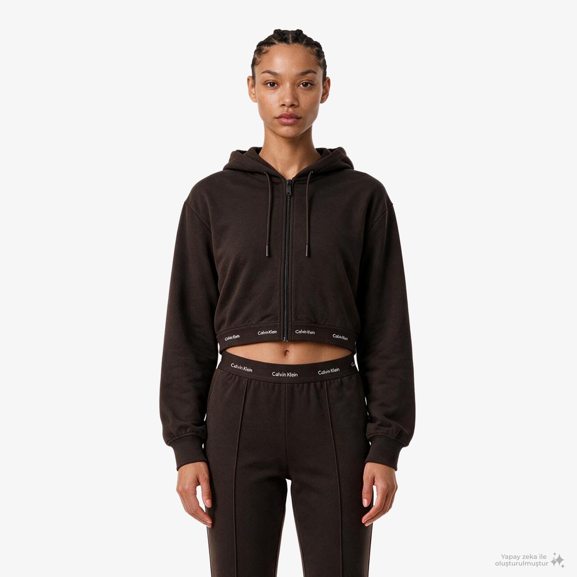 Calvin Klein Terry Logo Waist Cropped Kadın Kahverengi Sweatshirt