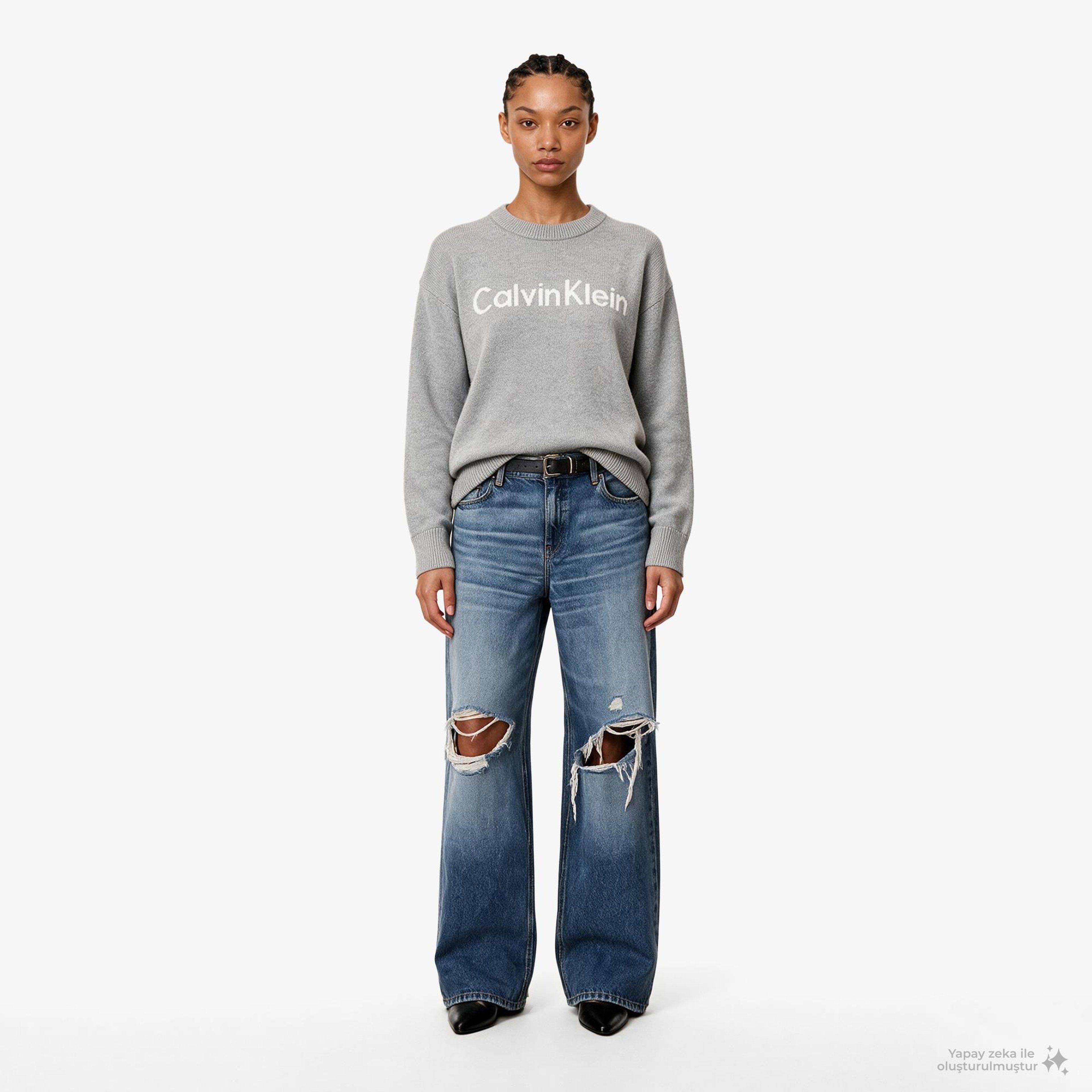 Calvin Klein Contrast Logo Kadın Gri Triko