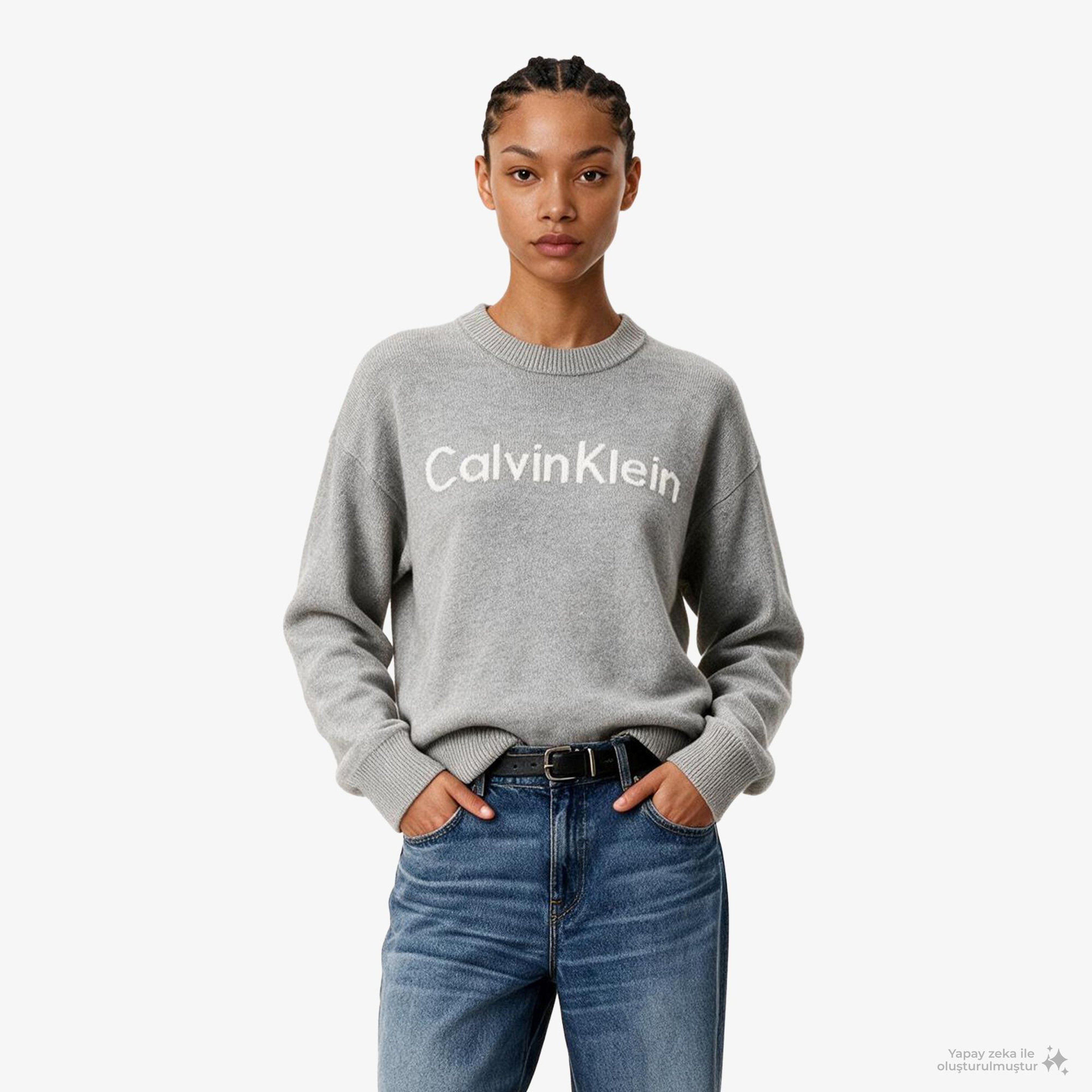 Calvin Klein Contrast Logo Kadın Gri Triko