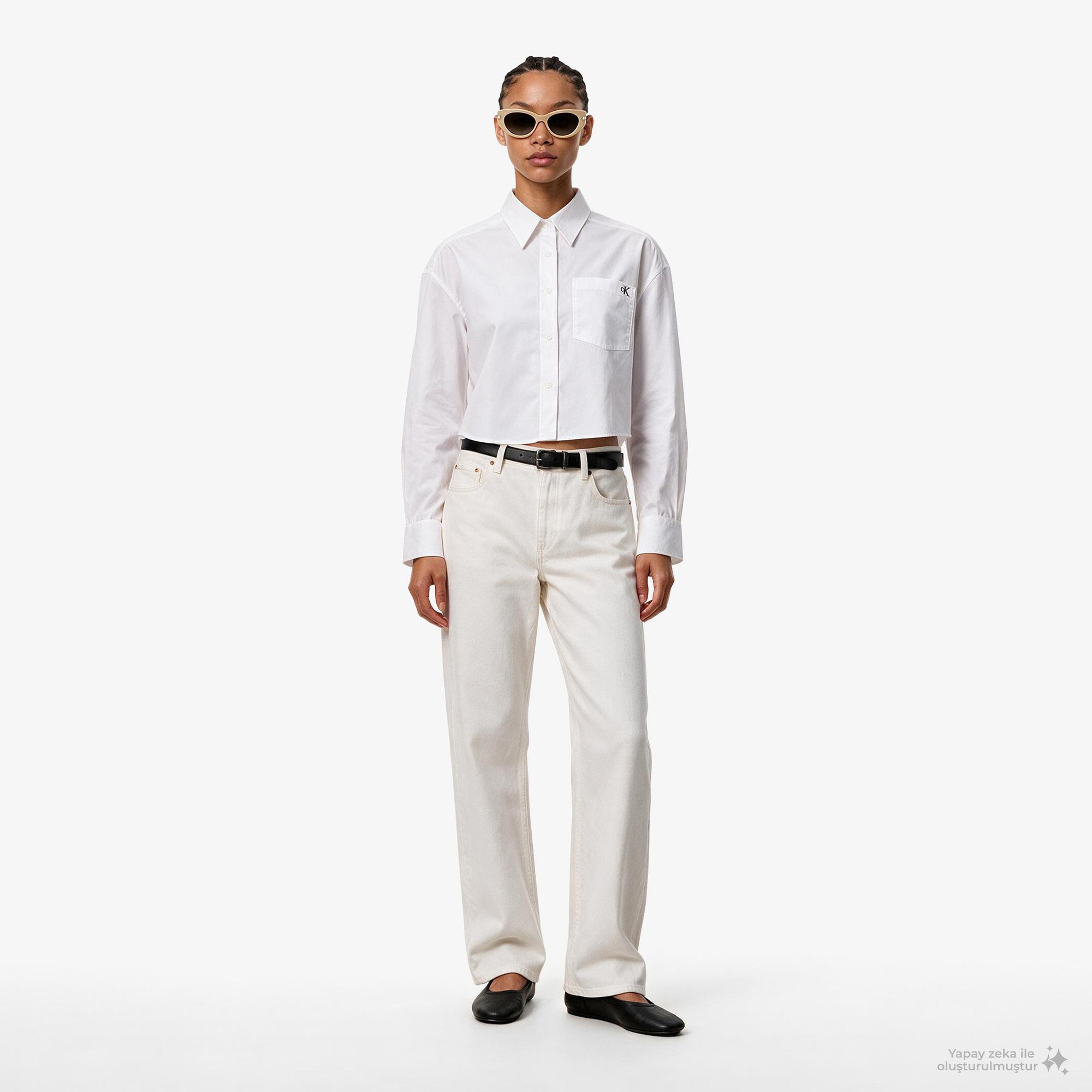 Calvin Klein Cotton Poplin Cropped Kadın Beyaz Gömlek