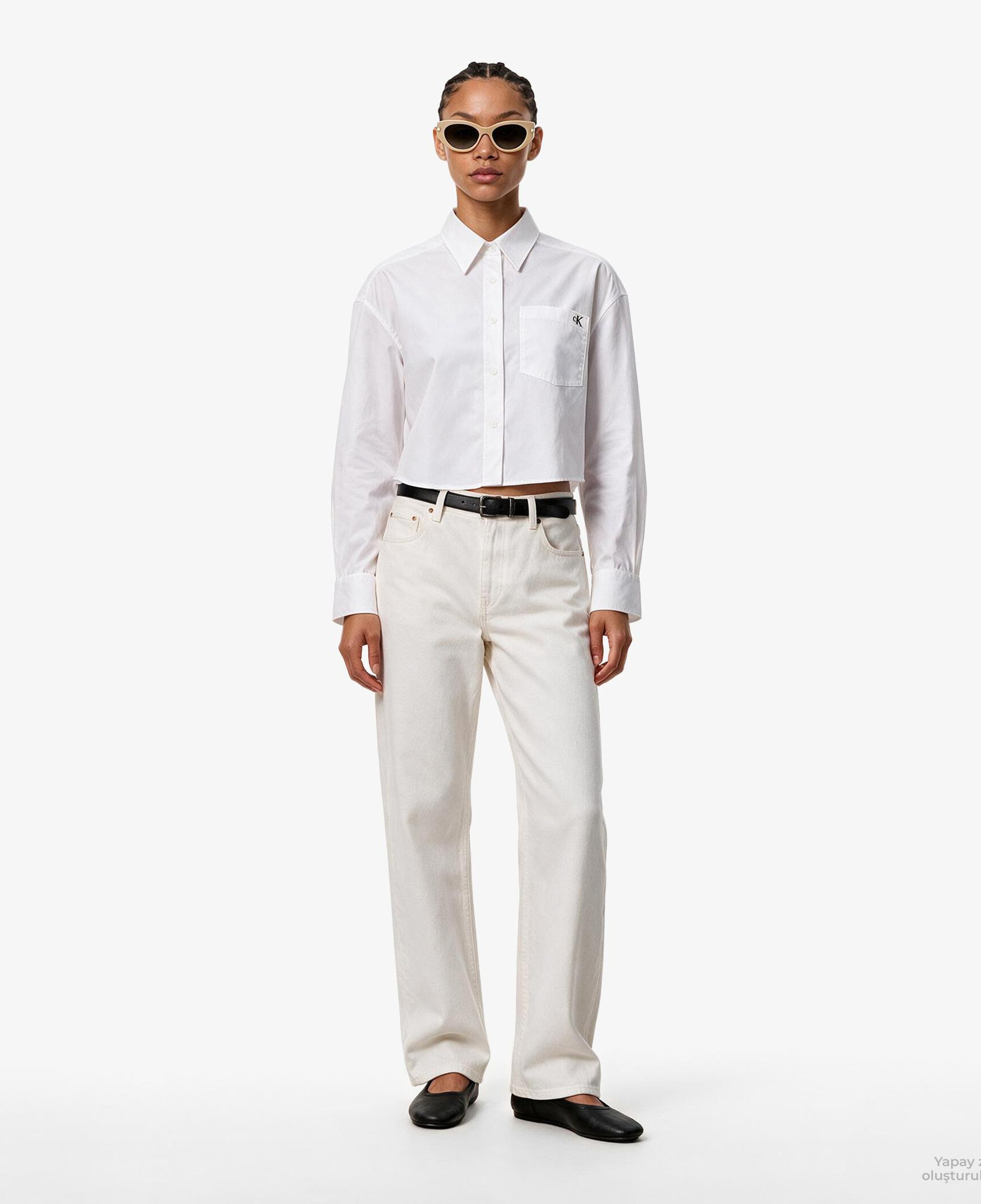 Calvin Klein Cotton Poplin Cropped Kadın Beyaz Gömlek