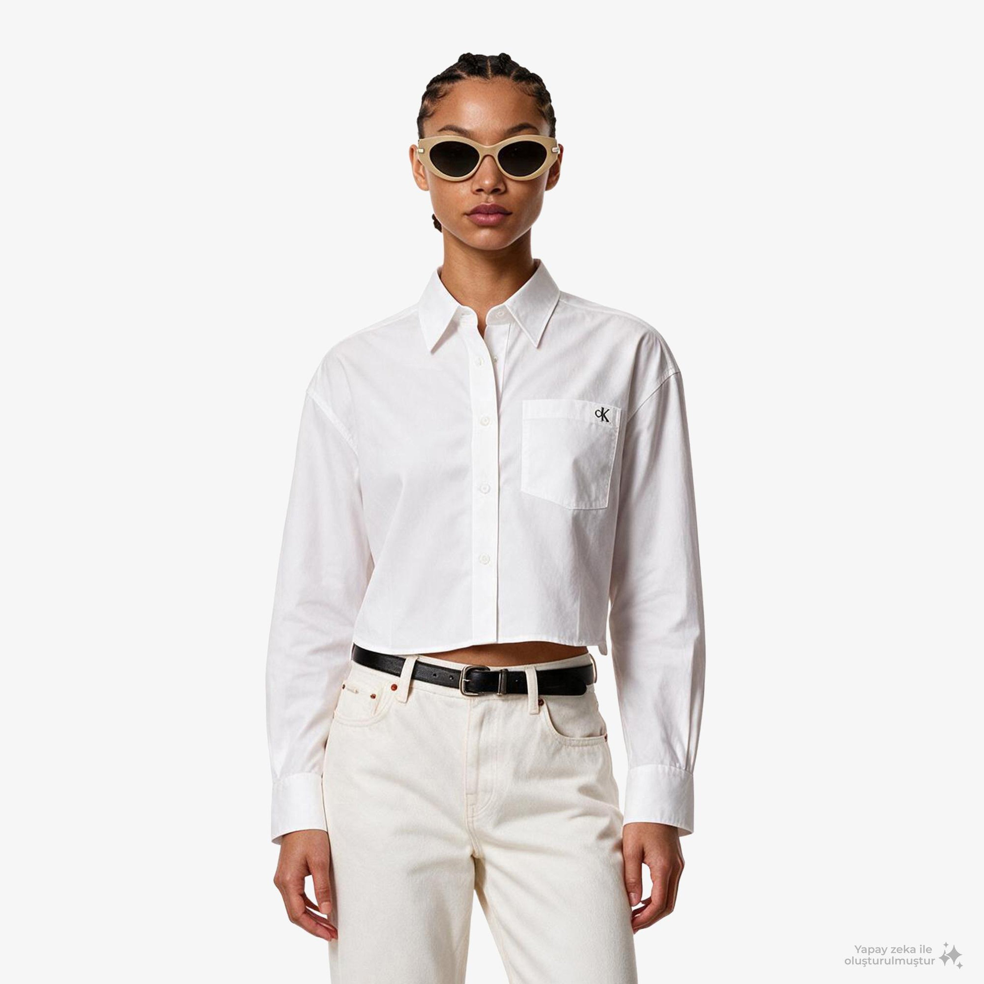 Calvin Klein Cotton Poplin Cropped Kadın Beyaz Gömlek