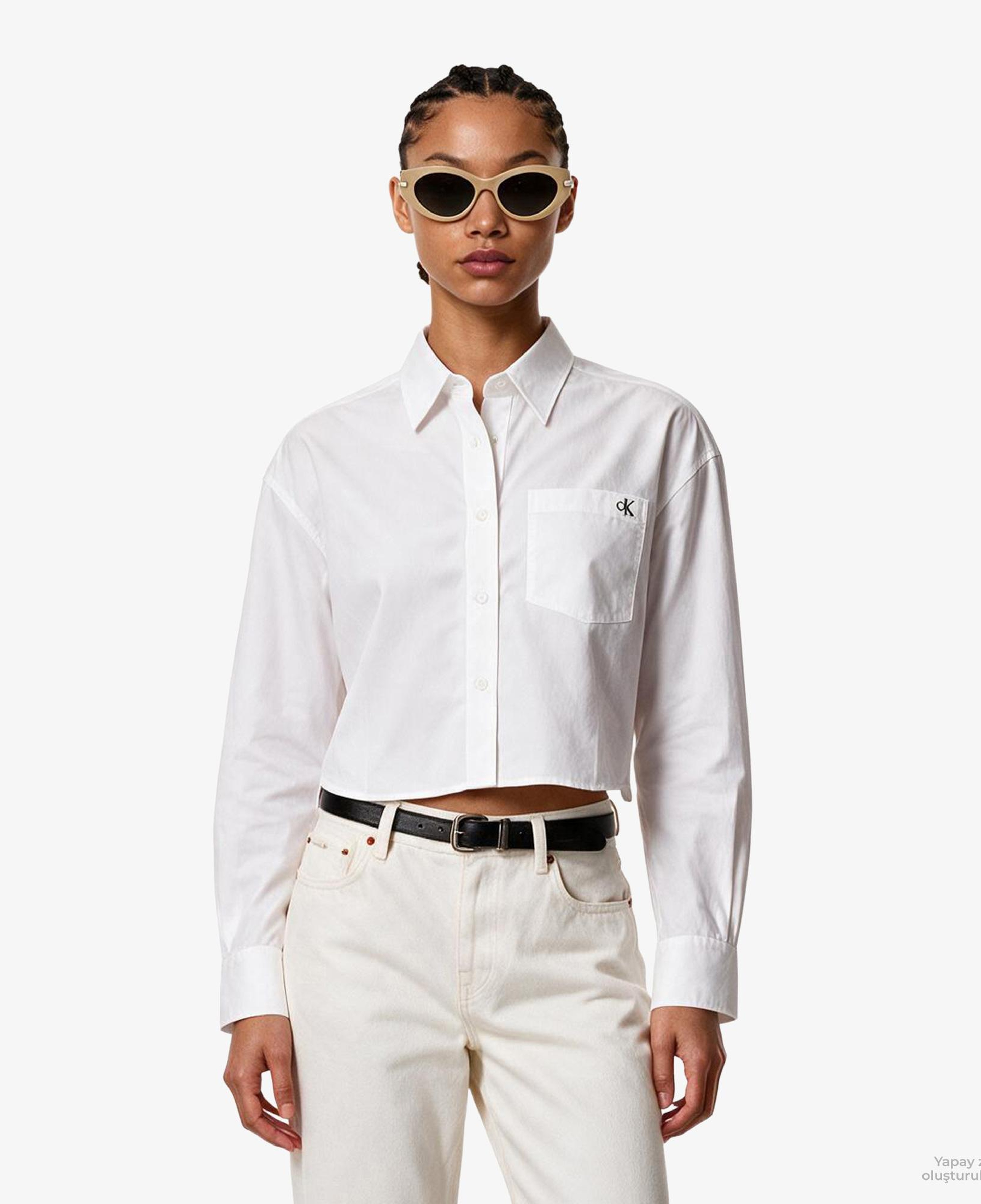 Calvin Klein Cotton Poplin Cropped Kadın Beyaz Gömlek