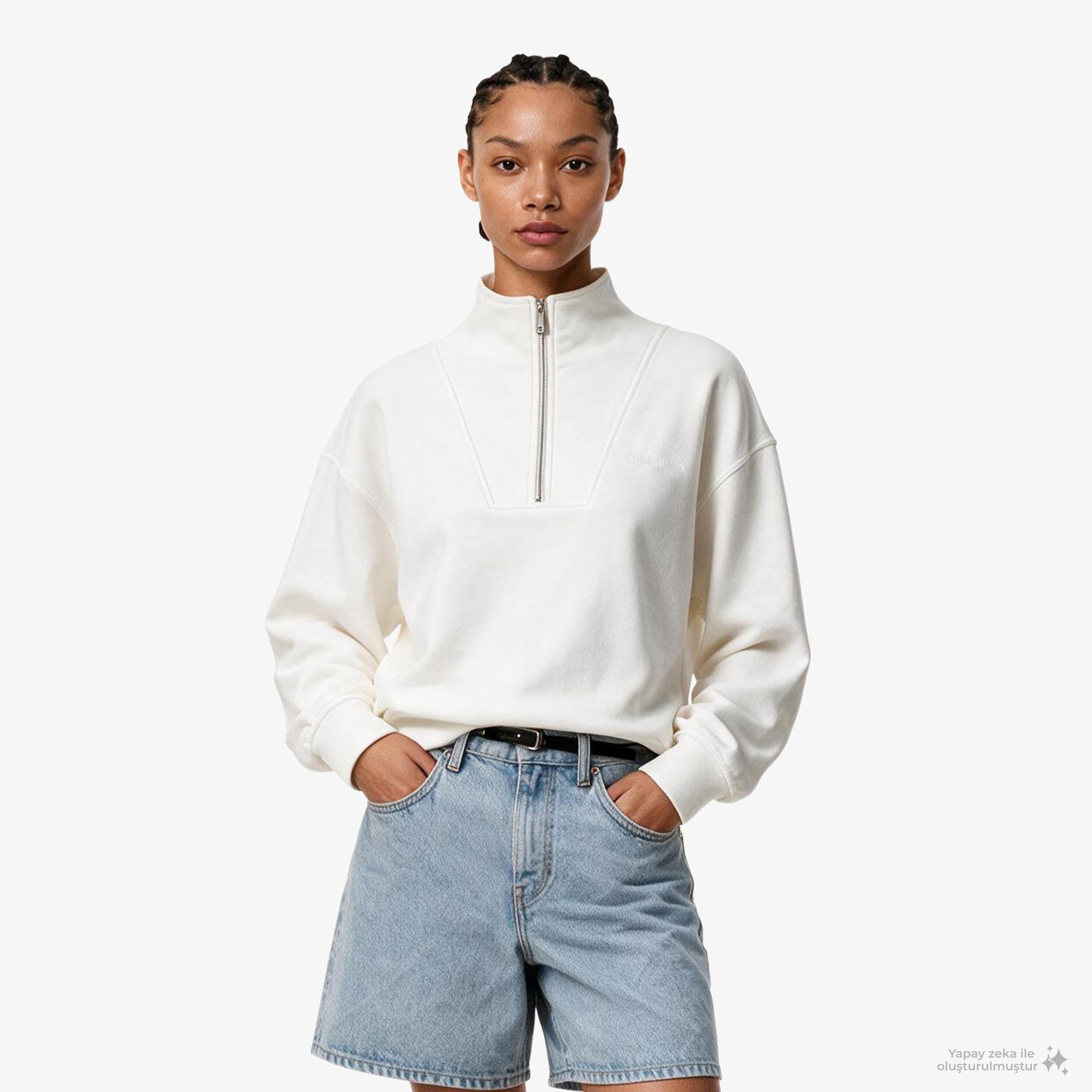 Calvin Klein French Terry Standard Logo To Kadın Beyaz Sweatshirt