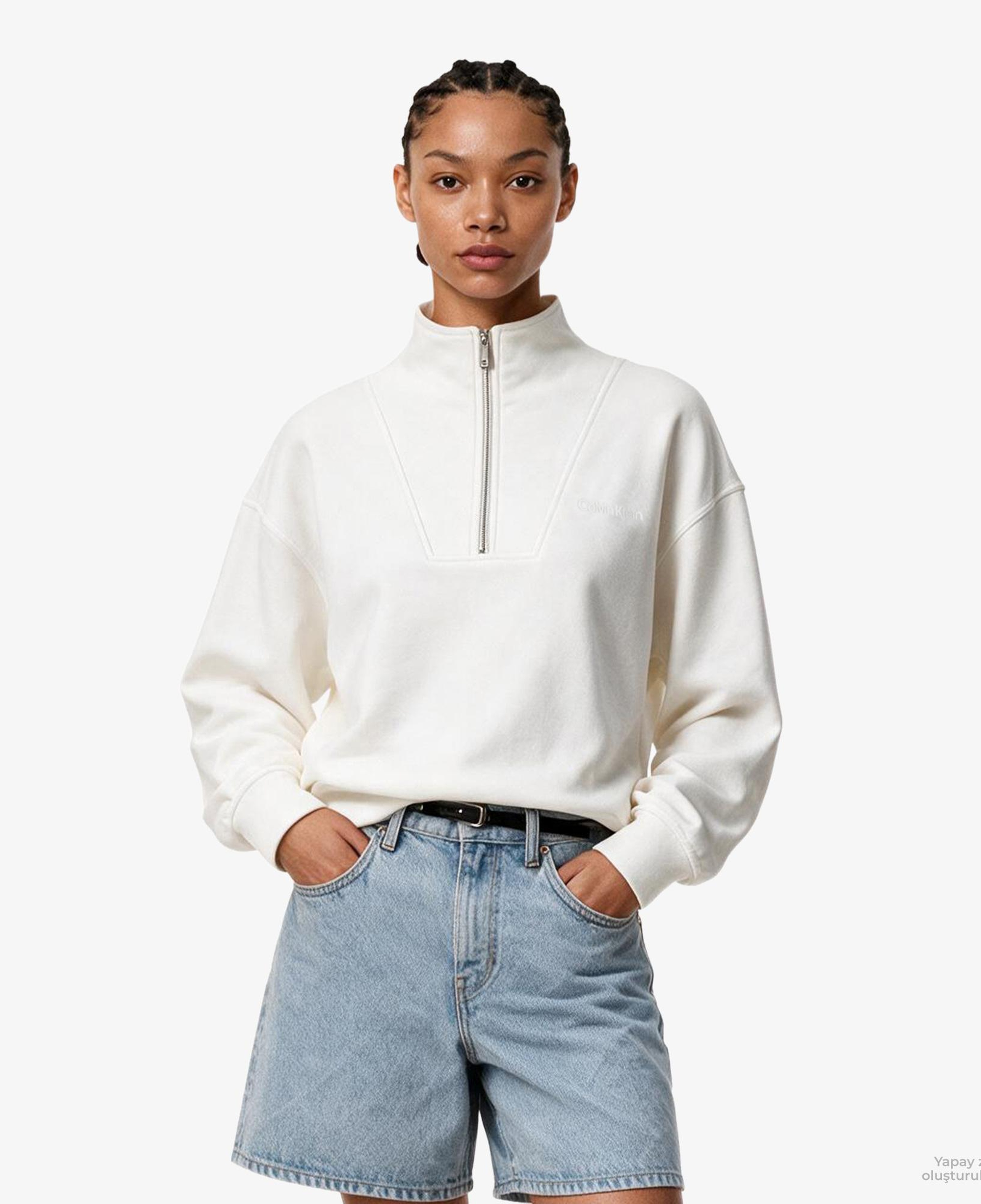 Calvin Klein French Terry Standard Logo To Kadın Beyaz Sweatshirt