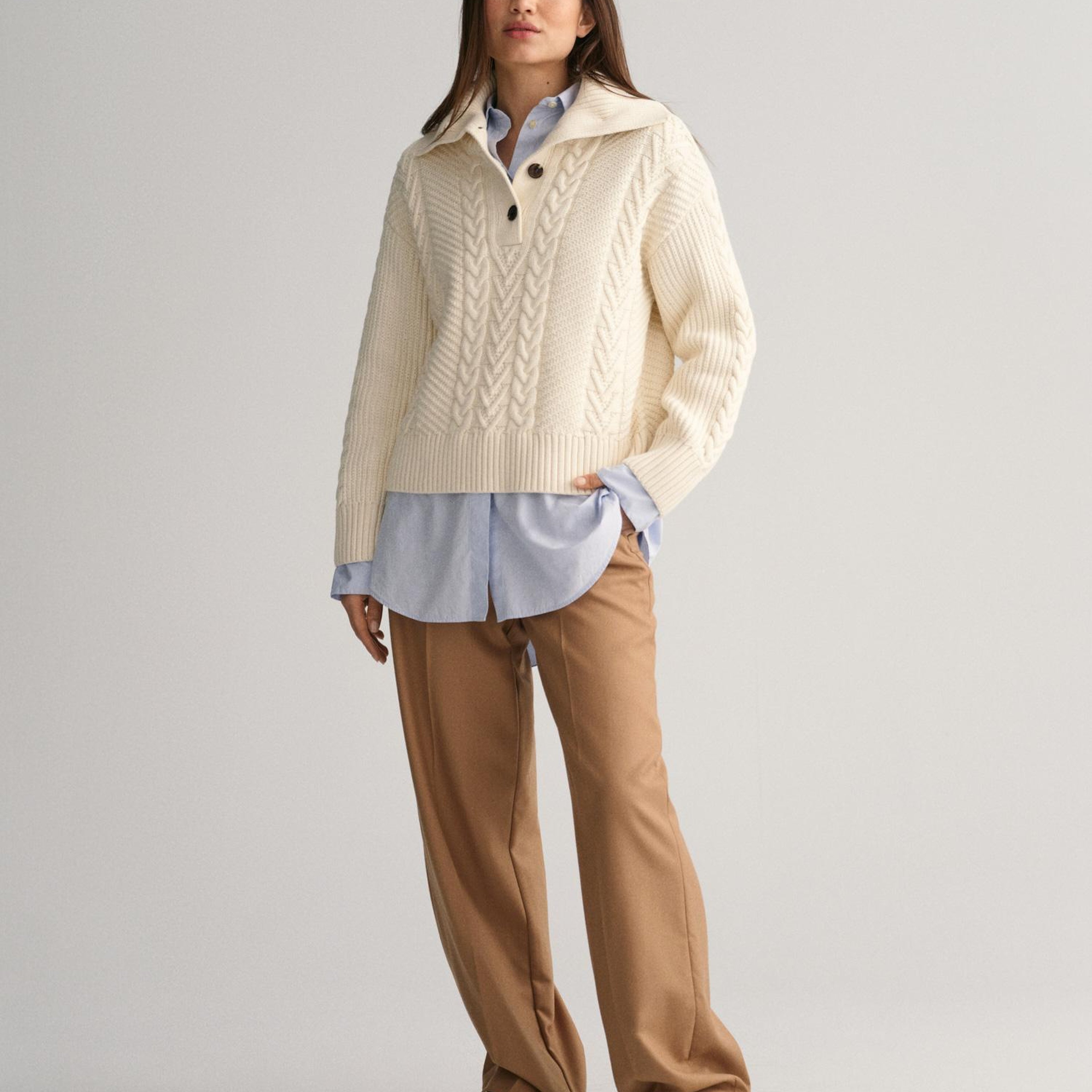 GANT Kadın Krem Relaxed Fit Klasik Yaka Desenli Kazak