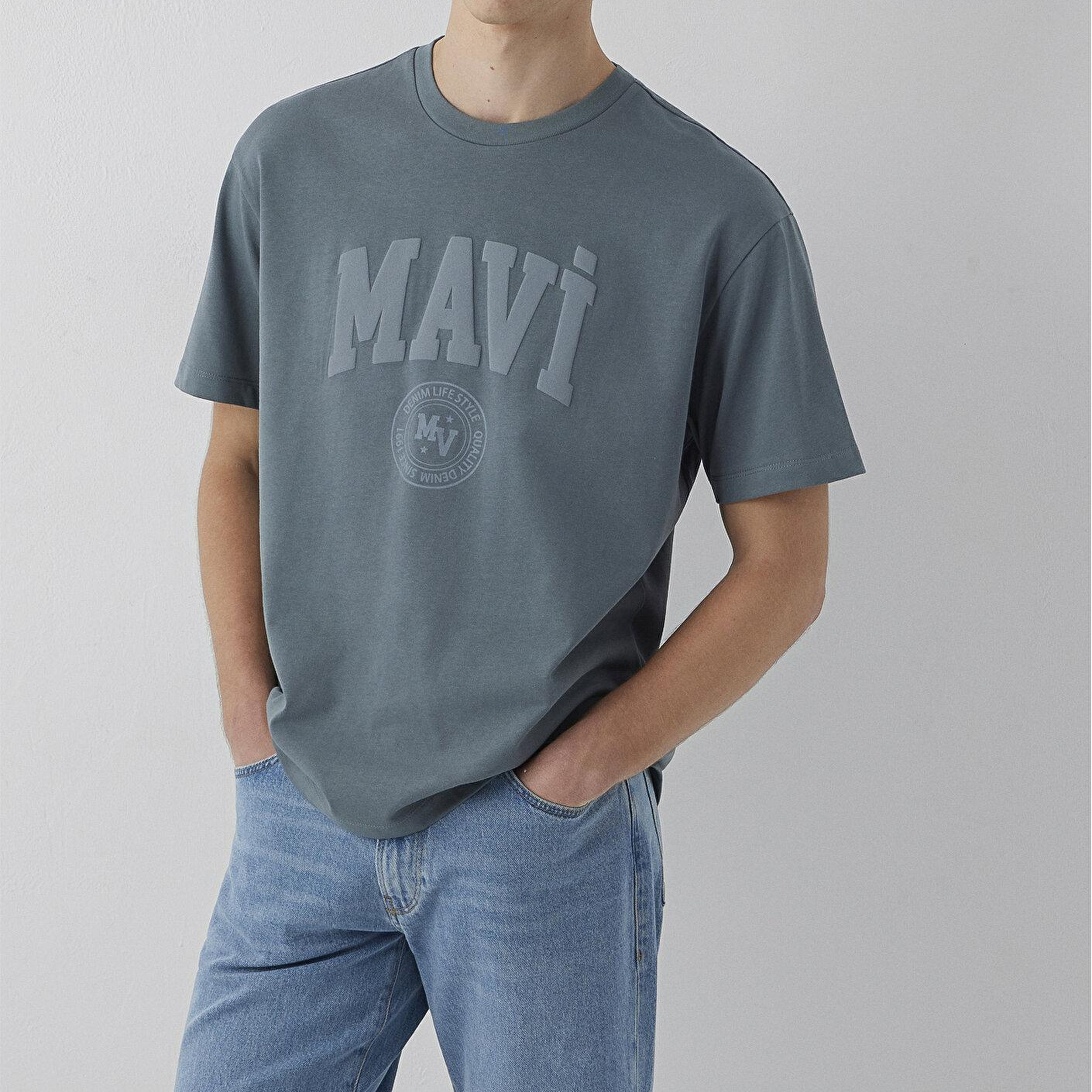 Mavi Mavi Logo Baskılı Gri Tişört Loose Fit / Bol Rahat Kesim 0612897-80889