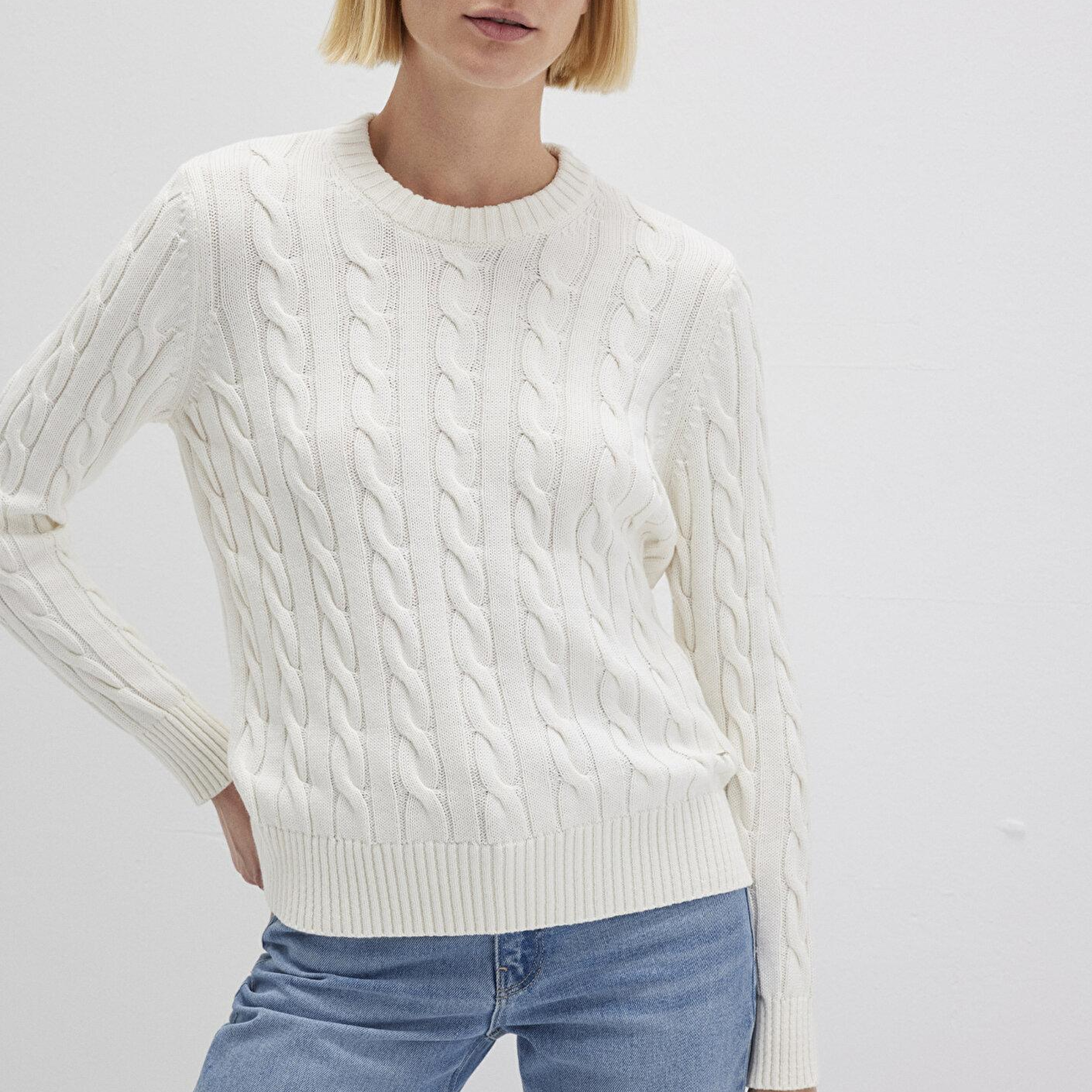 Mavi İpek Karışımlı Bisiklet Yaka Ekru Kazak Slim Fit / Dar Kesim 1710721-70057