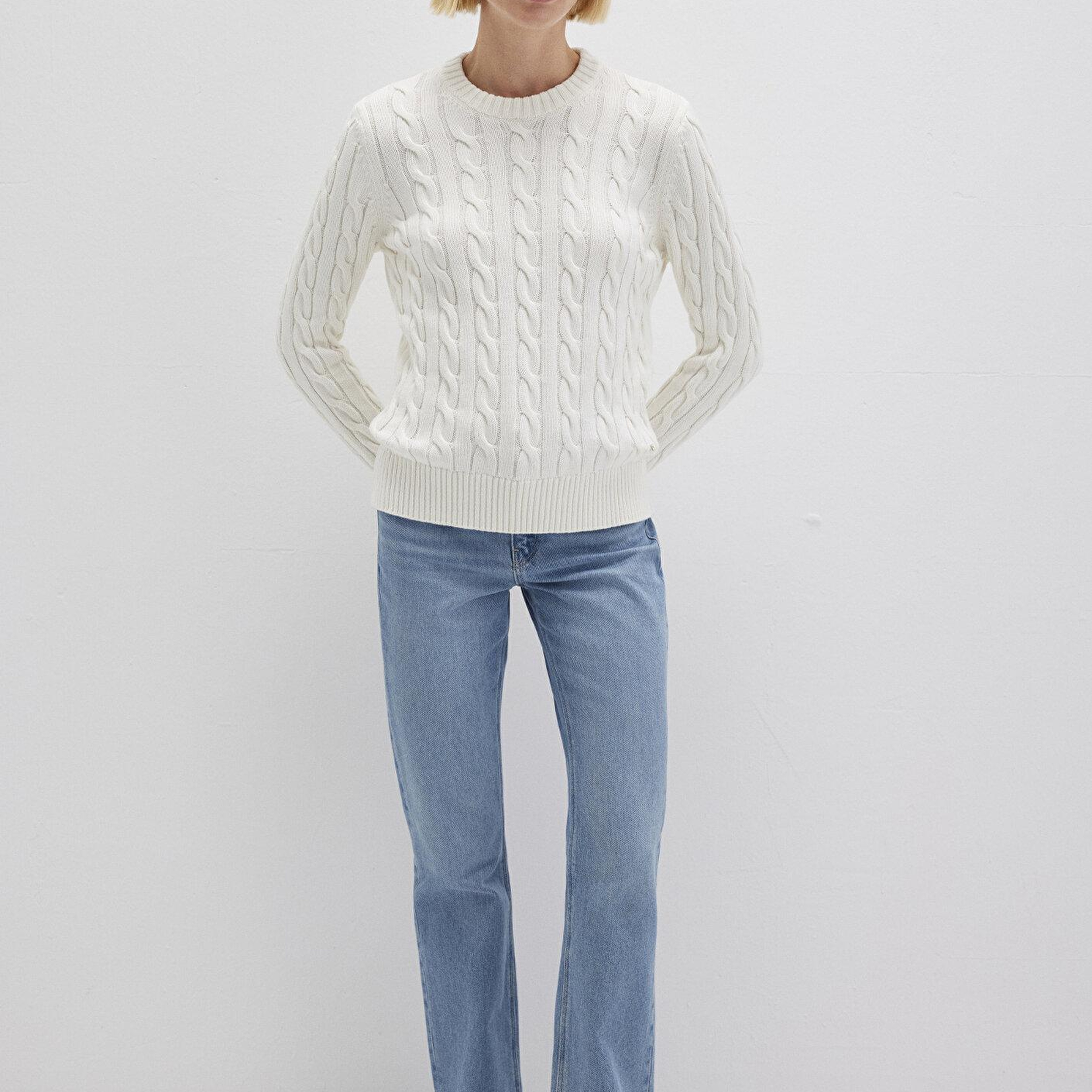 Mavi İpek Karışımlı Bisiklet Yaka Ekru Kazak Slim Fit / Dar Kesim 1710721-70057