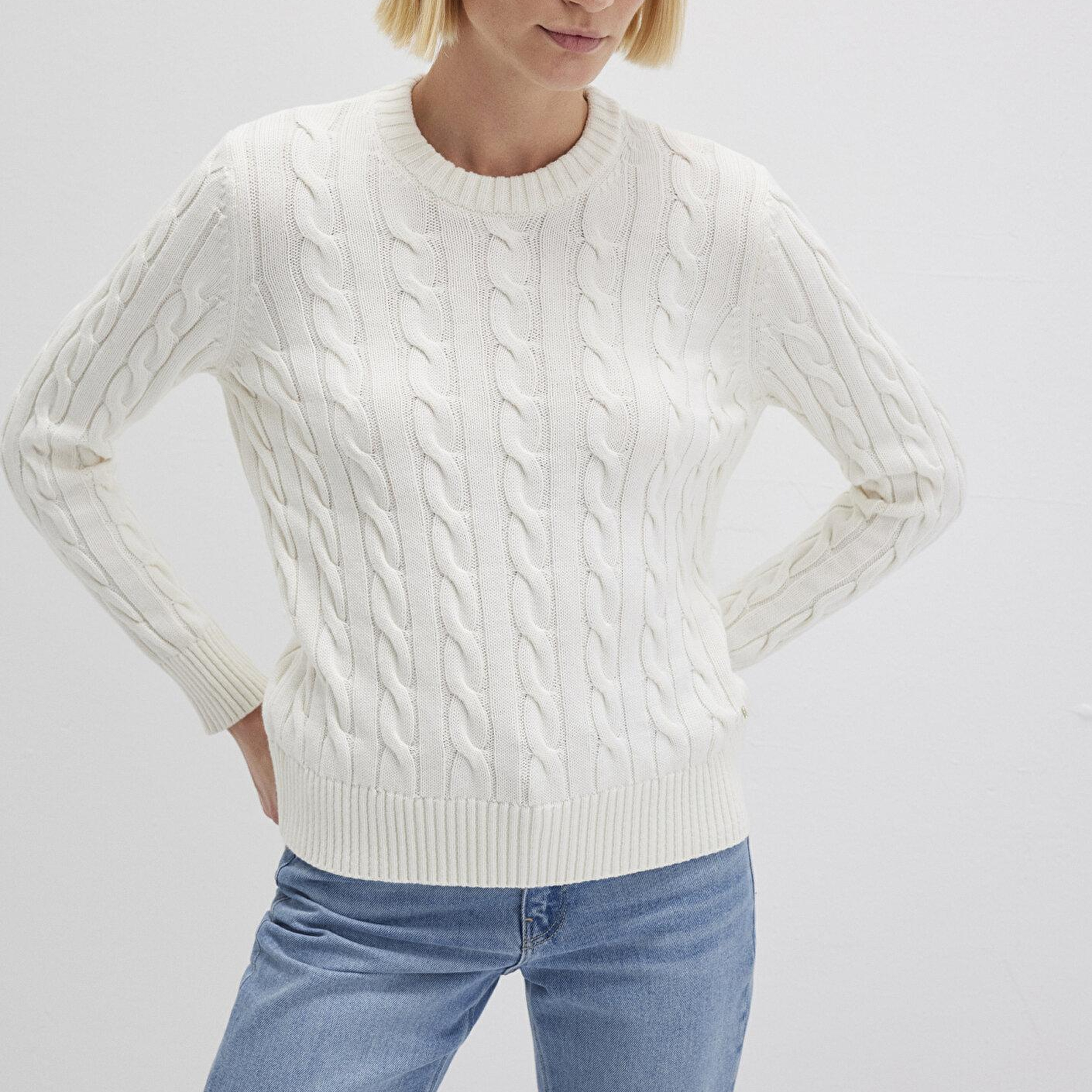 Mavi İpek Karışımlı Bisiklet Yaka Ekru Kazak Slim Fit / Dar Kesim 1710721-70057