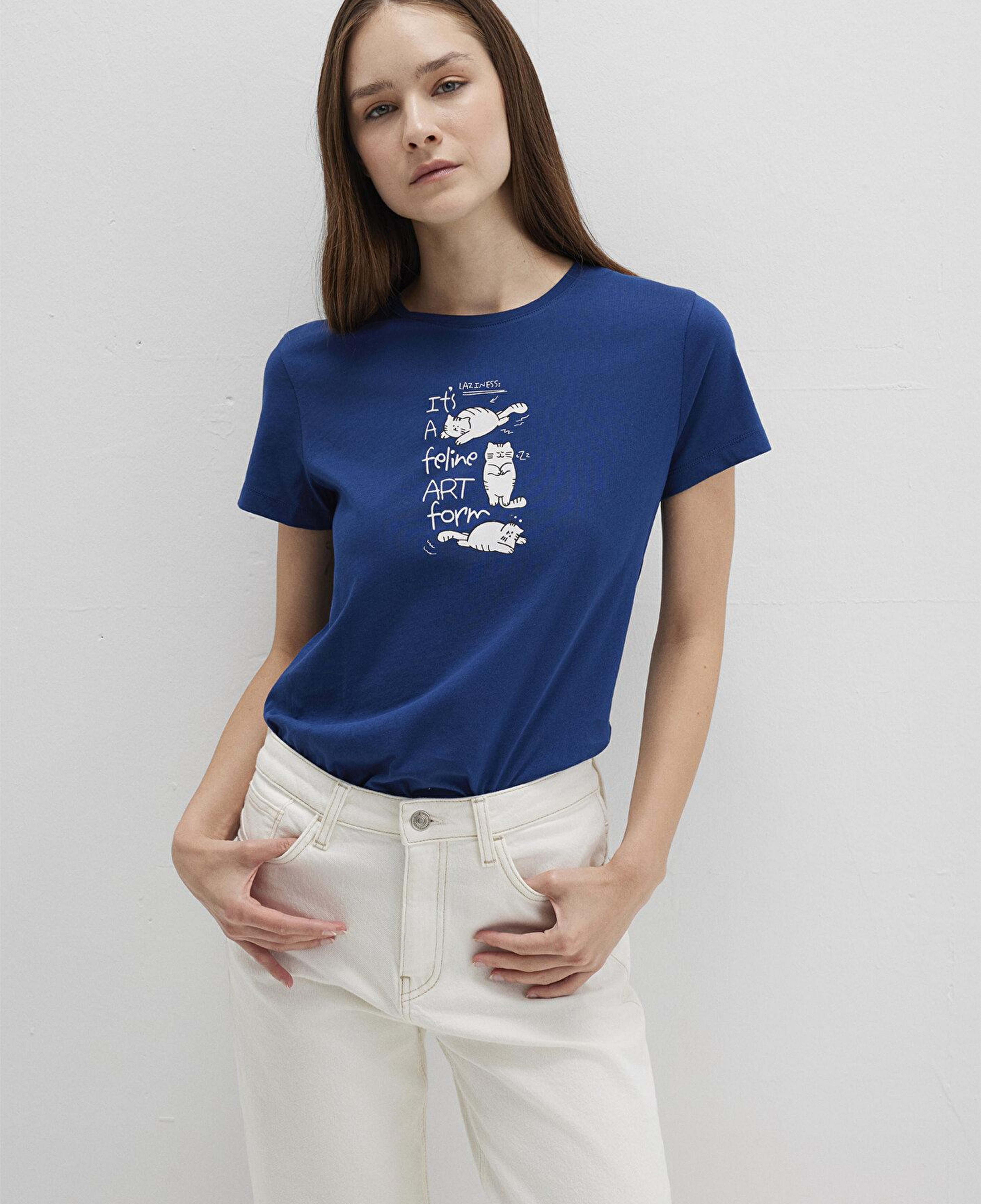 Mavi Kedi Baskılı Lacivert Tişört Semi Slim Fit / Yarı Dar Kesim 1613471-82625