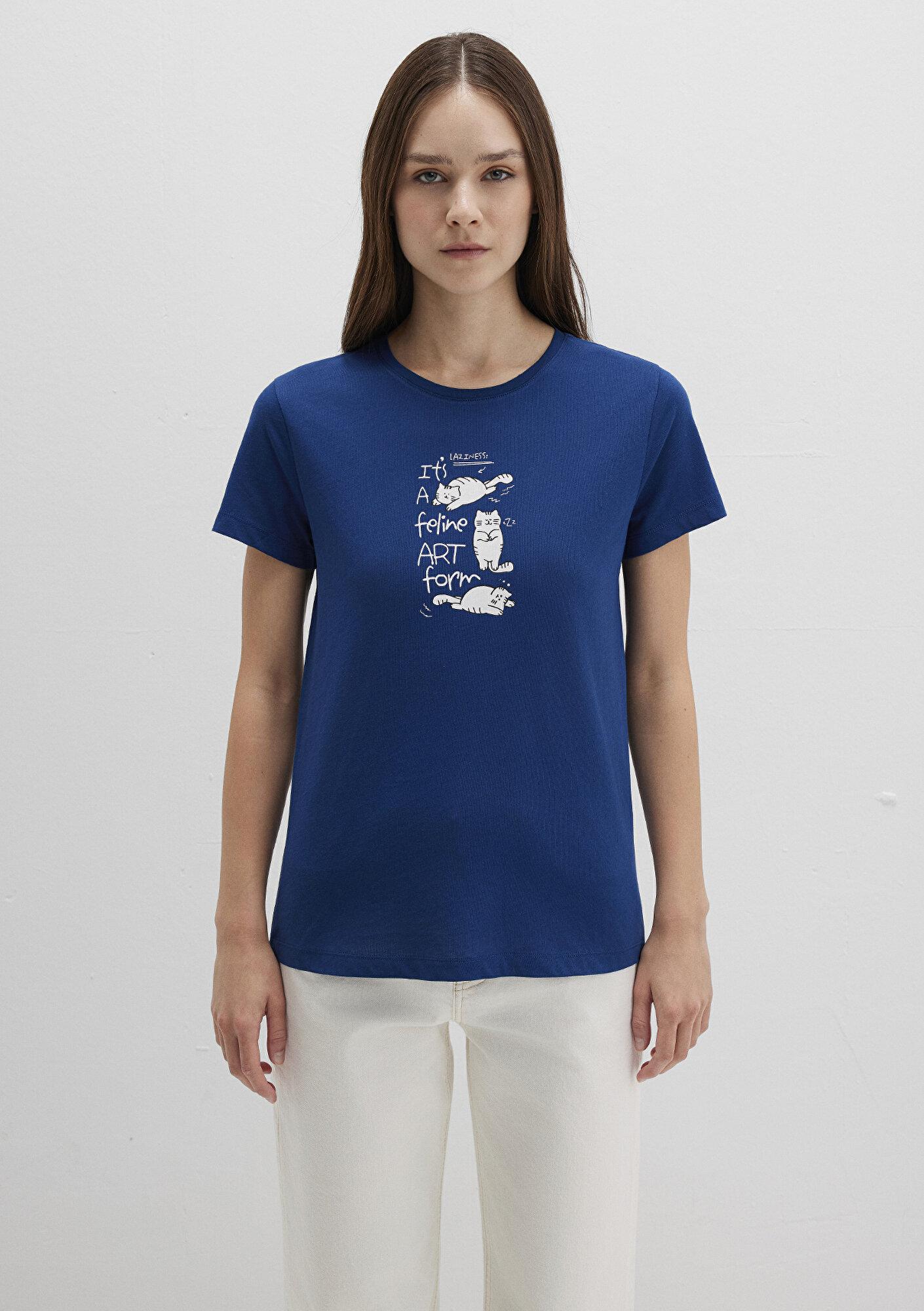 Mavi Kedi Baskılı Lacivert Tişört Semi Slim Fit / Yarı Dar Kesim 1613471-82625