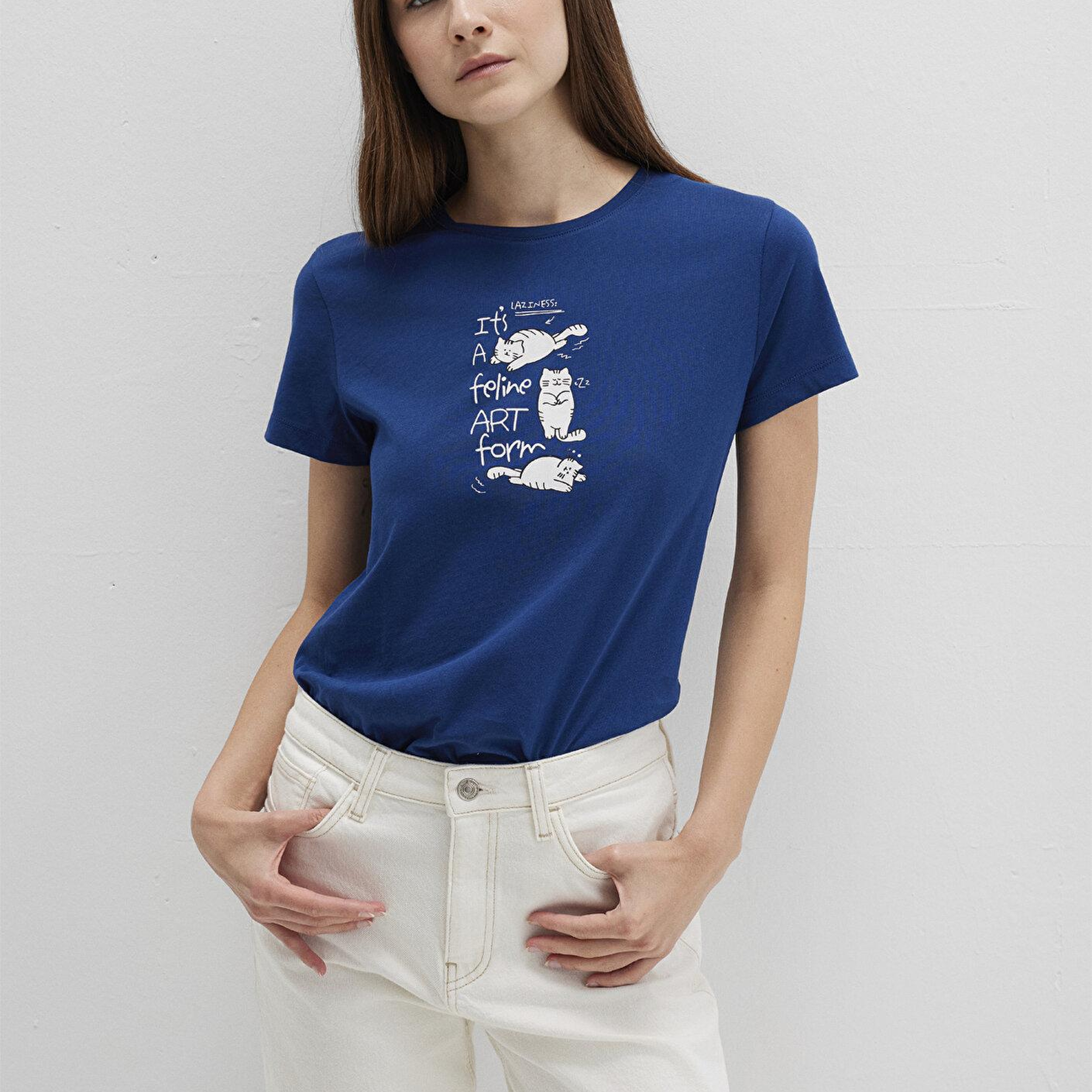 Mavi Kedi Baskılı Lacivert Tişört Semi Slim Fit / Yarı Dar Kesim 1613471-82625
