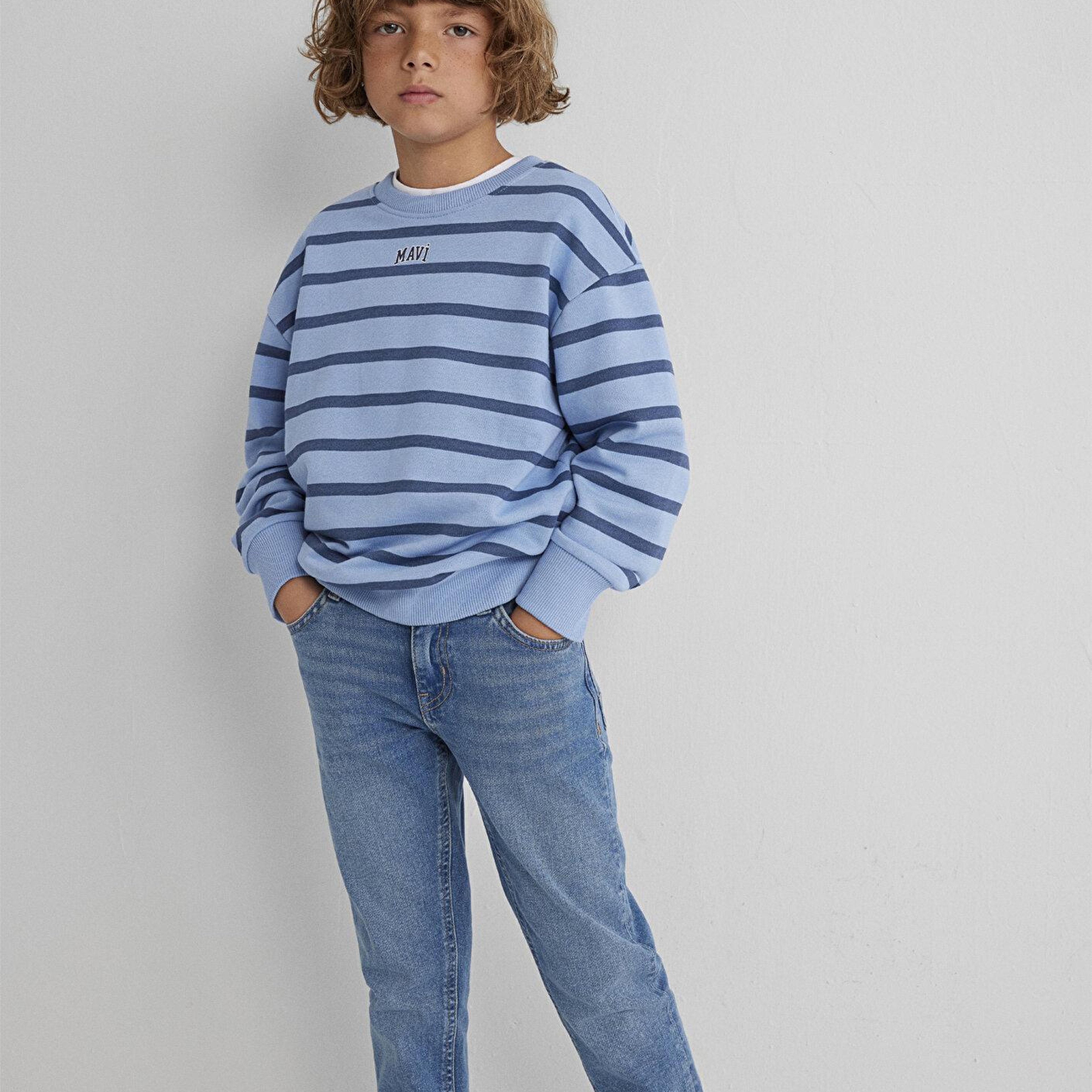 Mavi Mavi Logo Çizgili Mavi Sweatshirt 6S10144-90780