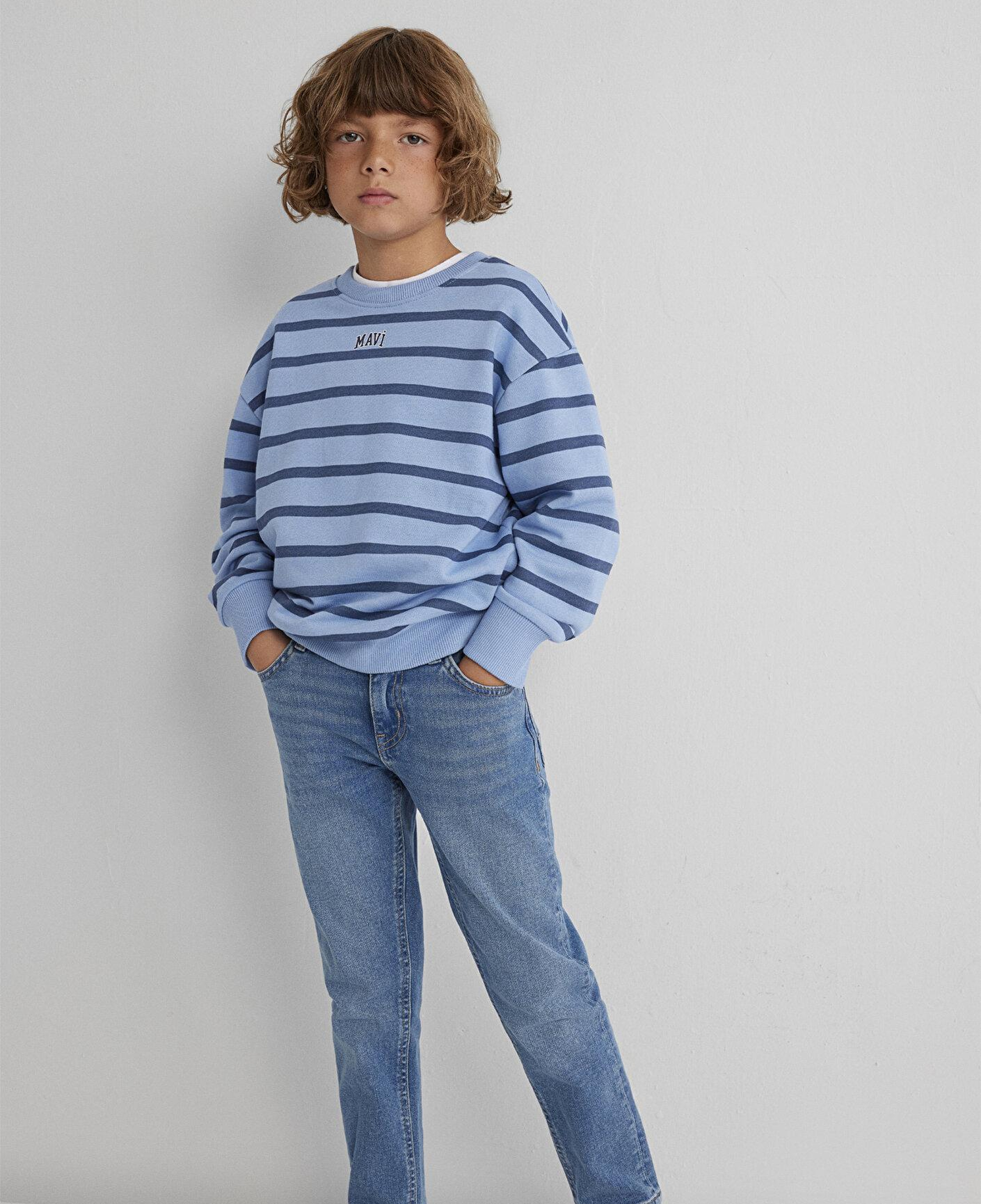 Mavi Mavi Logo Çizgili Mavi Sweatshirt 6S10144-90780