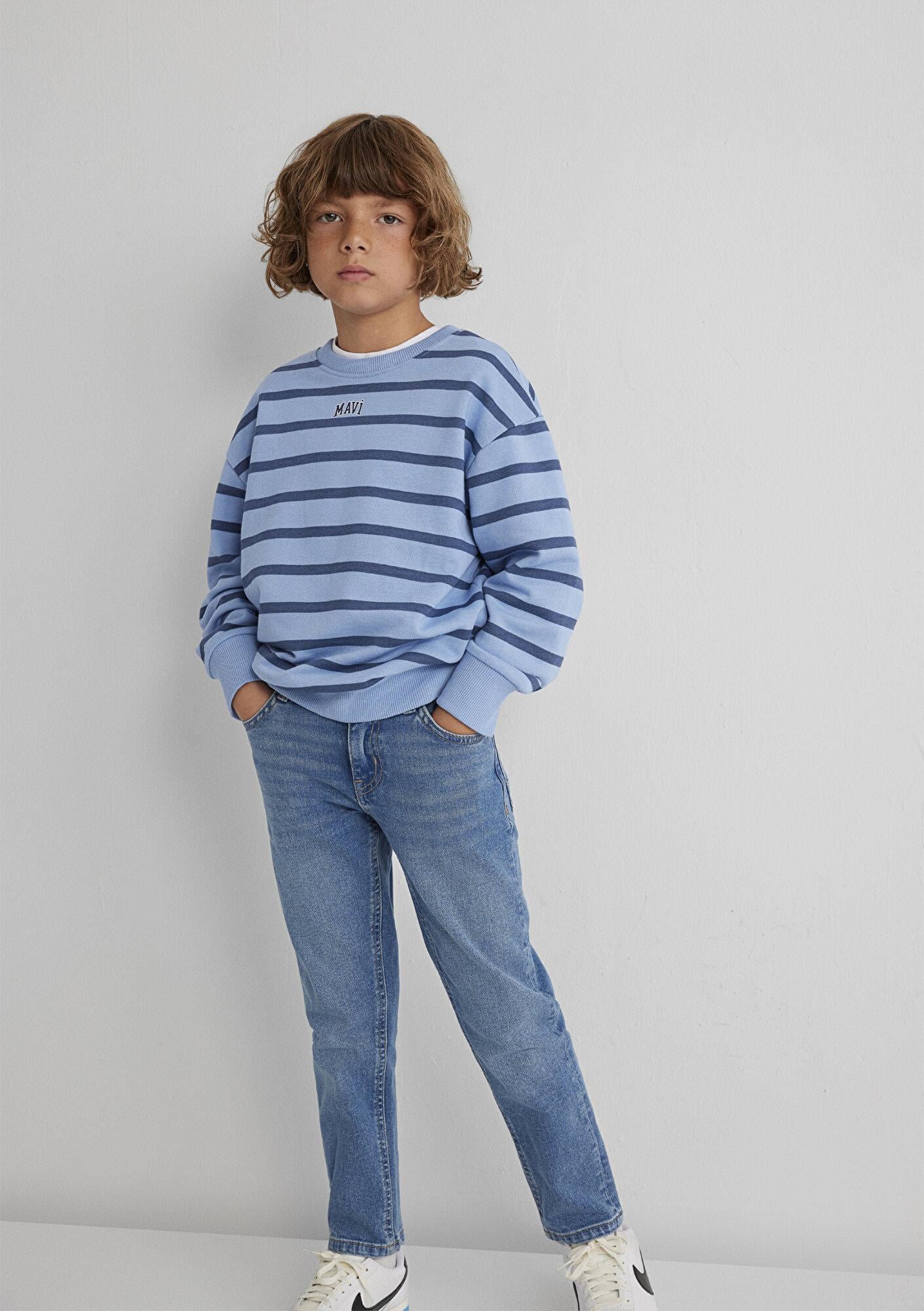 Mavi Mavi Logo Çizgili Mavi Sweatshirt 6S10144-90780