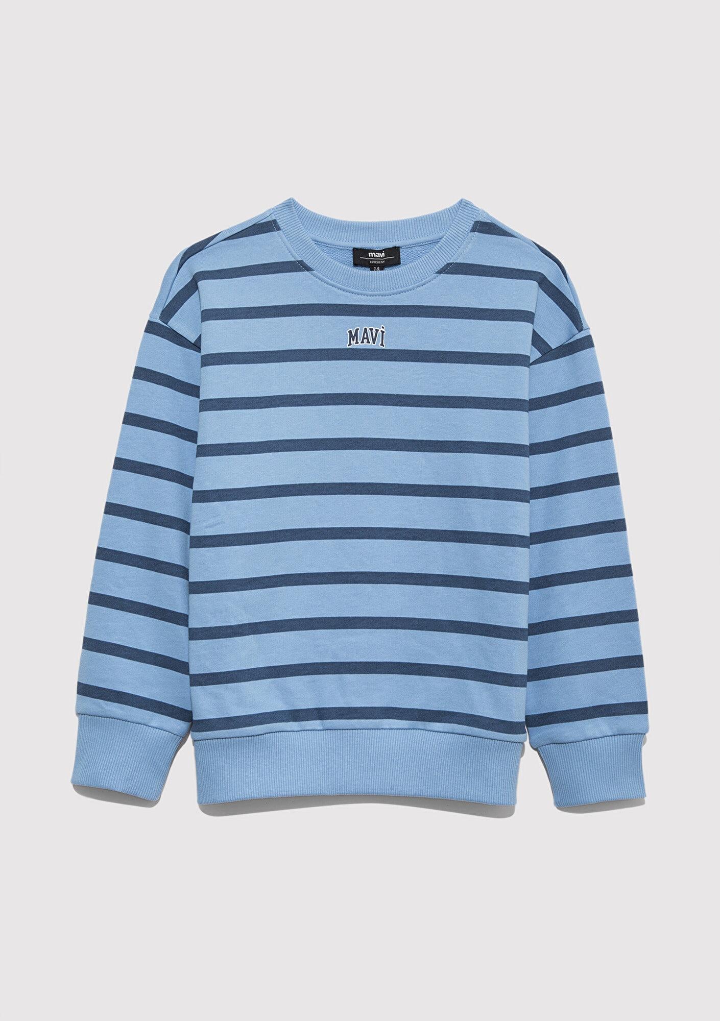 Mavi Mavi Logo Çizgili Mavi Sweatshirt 6S10144-90780
